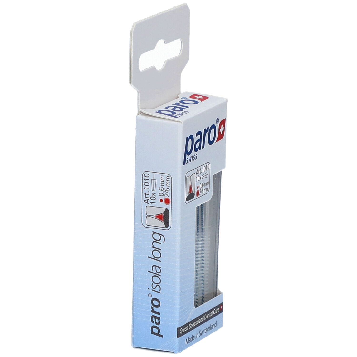 Vue latérale de l'emballage paro® Interdentalbürsten Isola Long. Marque et nom du produit visibles.
