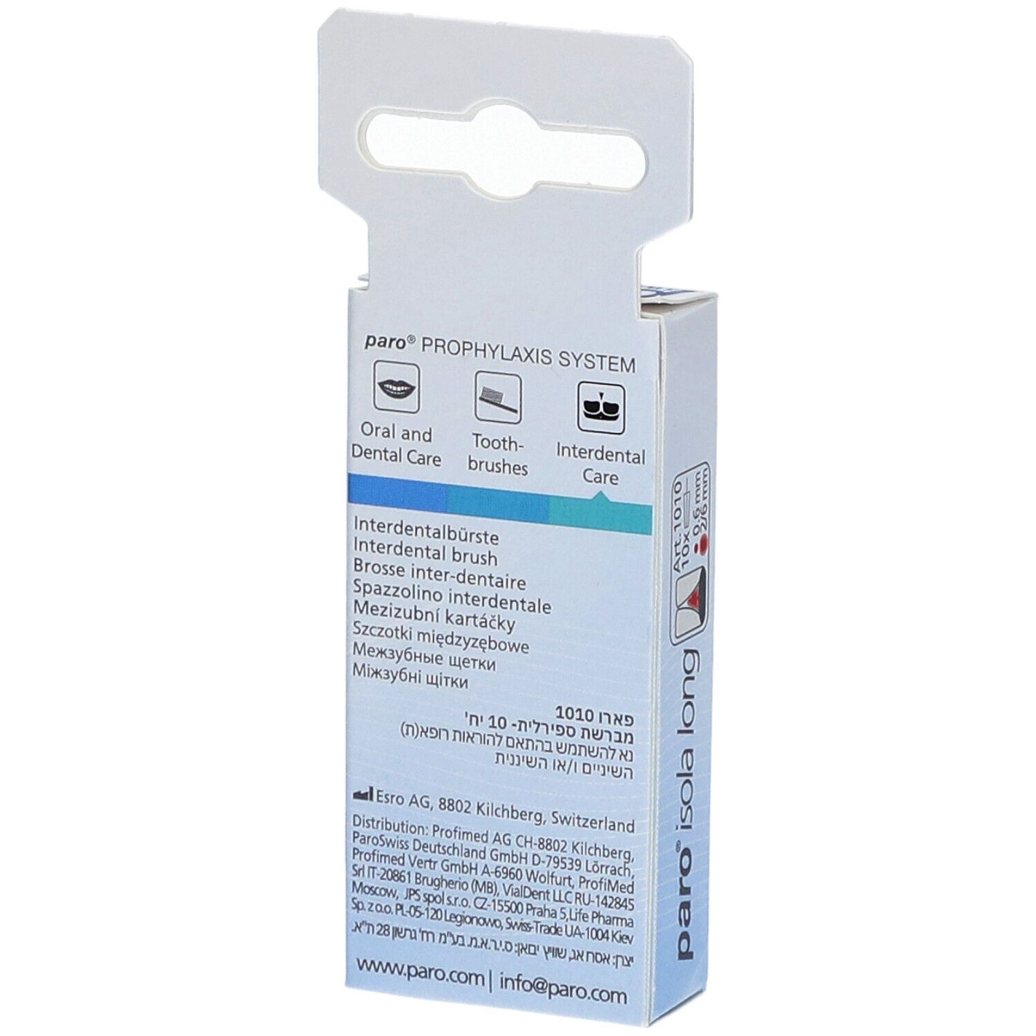 Dos de l'emballage paro® Interdentalbürsten Isola Long. Texte : Brosse interdentaire, informations fabricant.