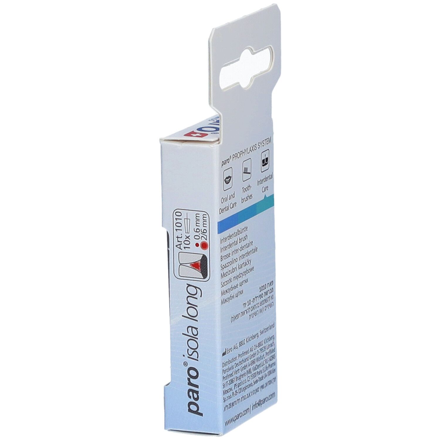 Vue latérale de l'emballage paro® Interdentalbürsten Isola Long. Marque, nom du produit et Art. 1010.