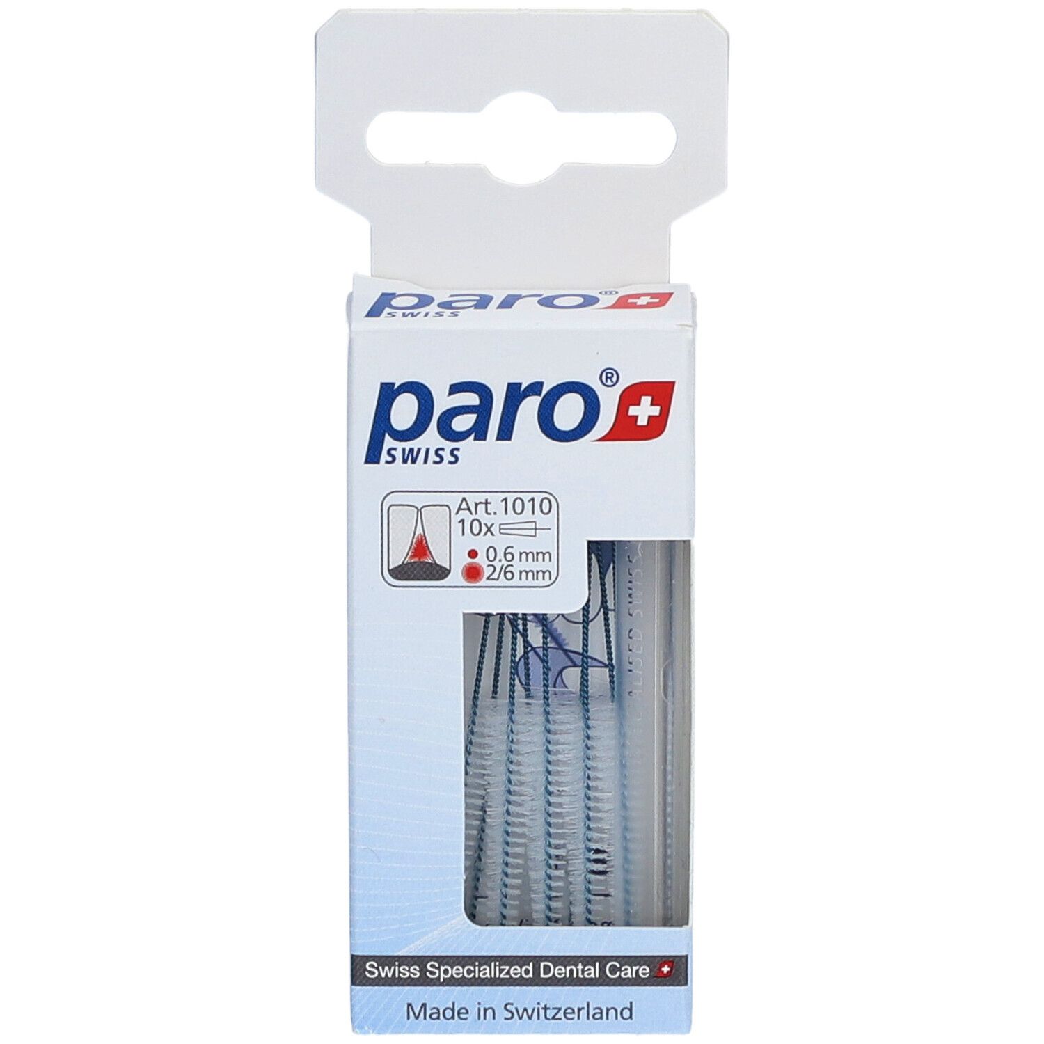 Emballage paro® Interdentalbürsten Isola Long. Visible : marque, nom du produit, Art. 1010, brosses.