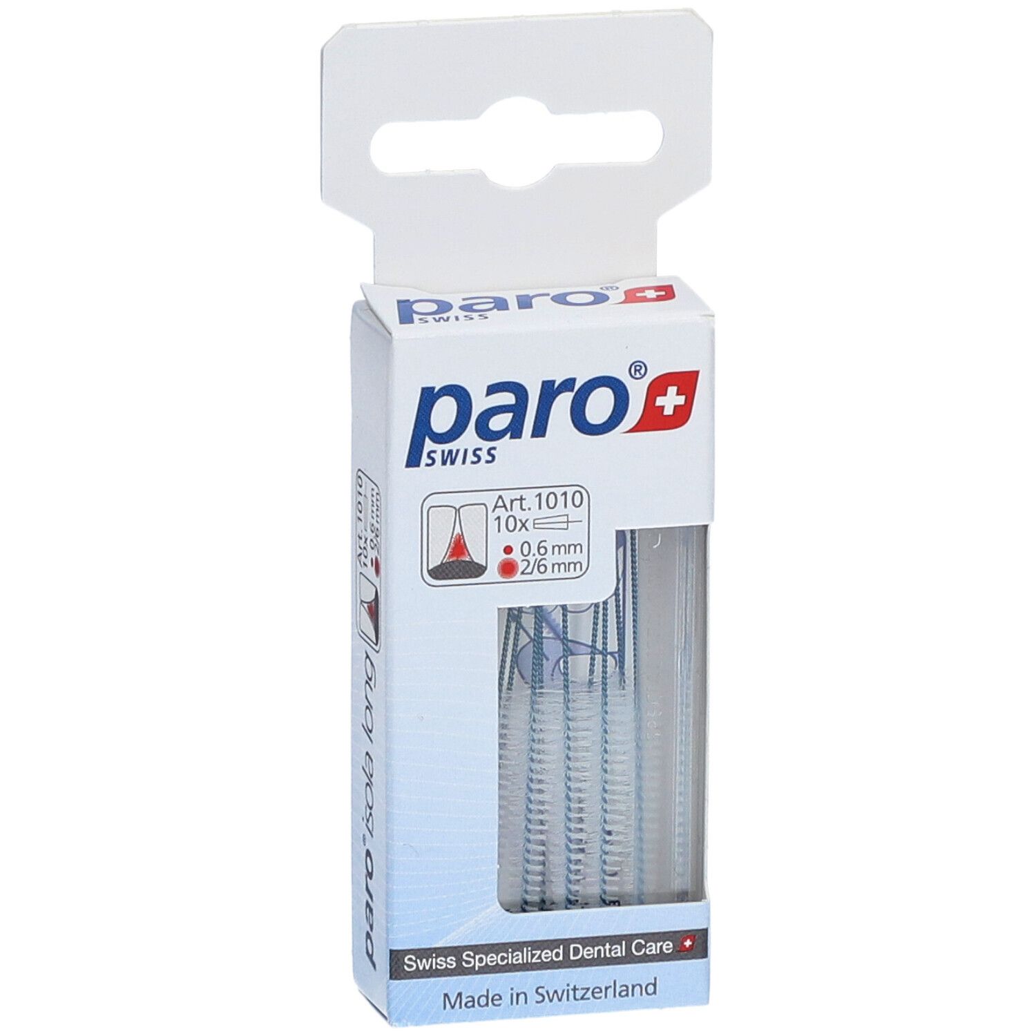 Emballage paro® Interdentalbürsten Isola Long. Visible : marque, nom du produit, Art. 1010, brosses.
