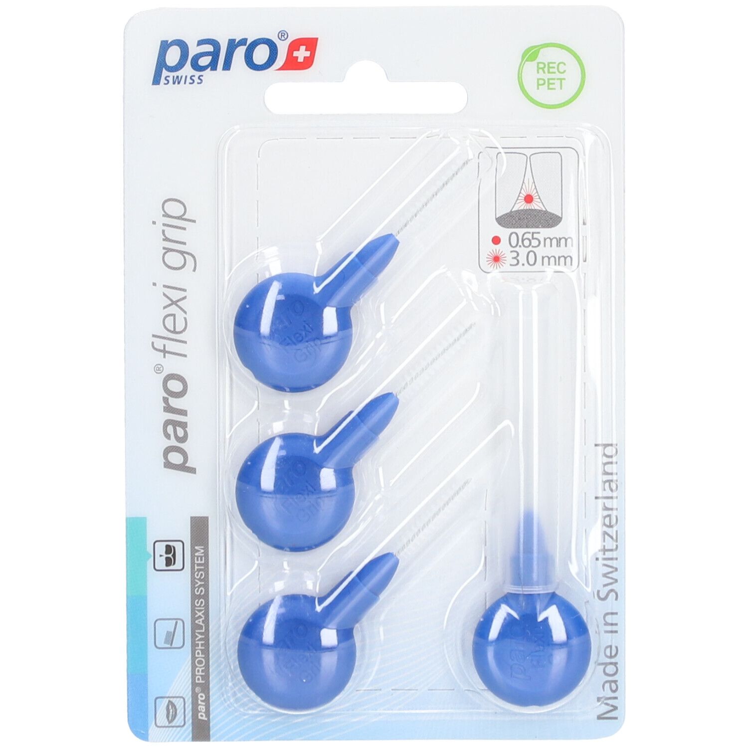 Emballage blister avec brosses interdentaires bleues. Visible : marque, nom du produit, indication de taille.