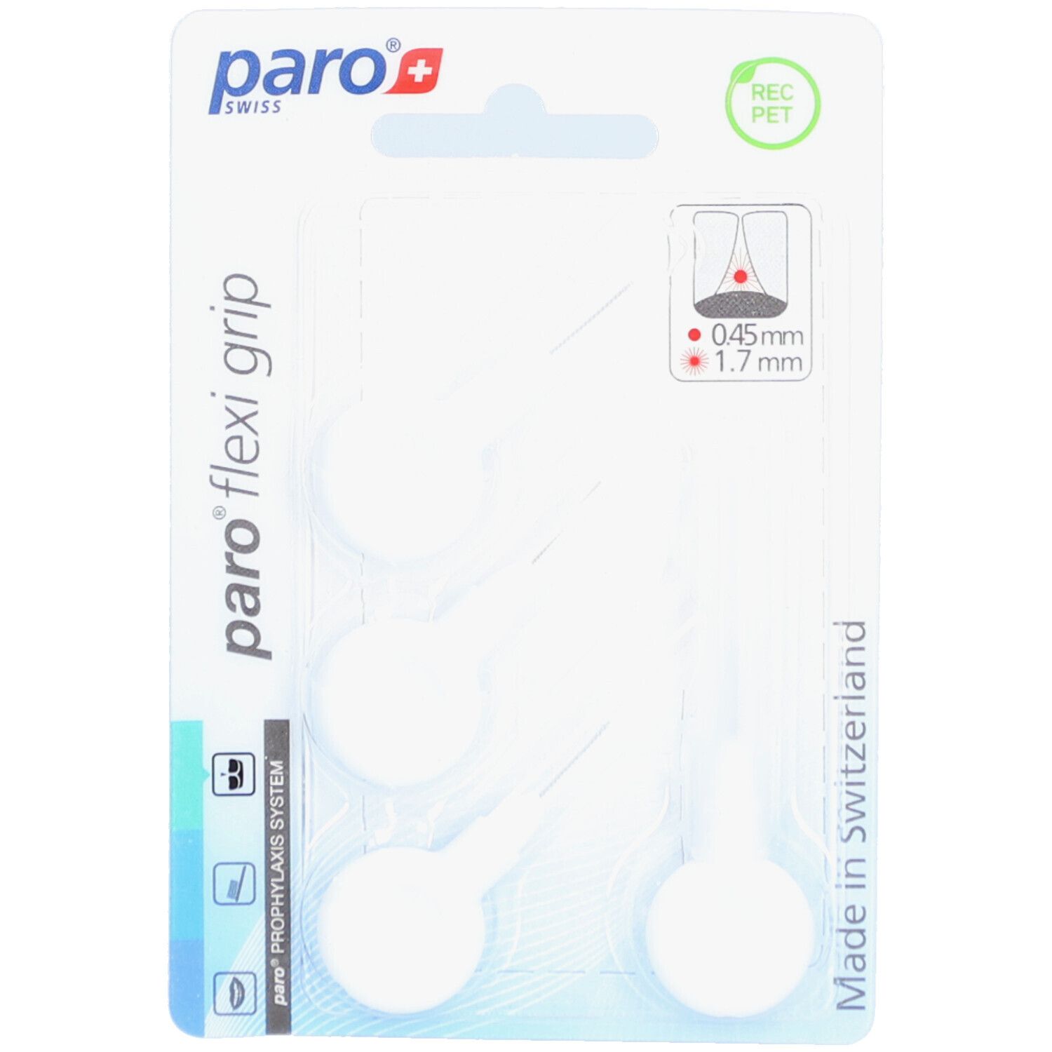 Emballage blister avec brosses interdentaires blanches. Inscription : paro flexi grip, 1.7mm, REC PET.