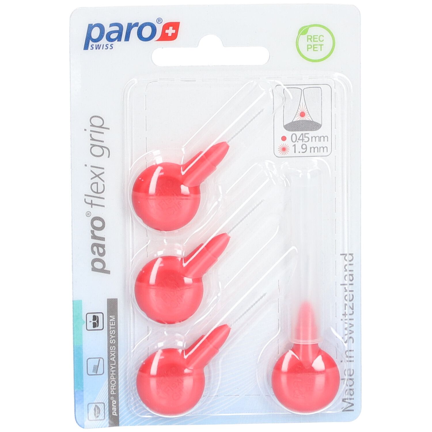 Brosses interdentaires rouges 1,9 mm. Emballage blister de 4. Marque paro® flexi grip.