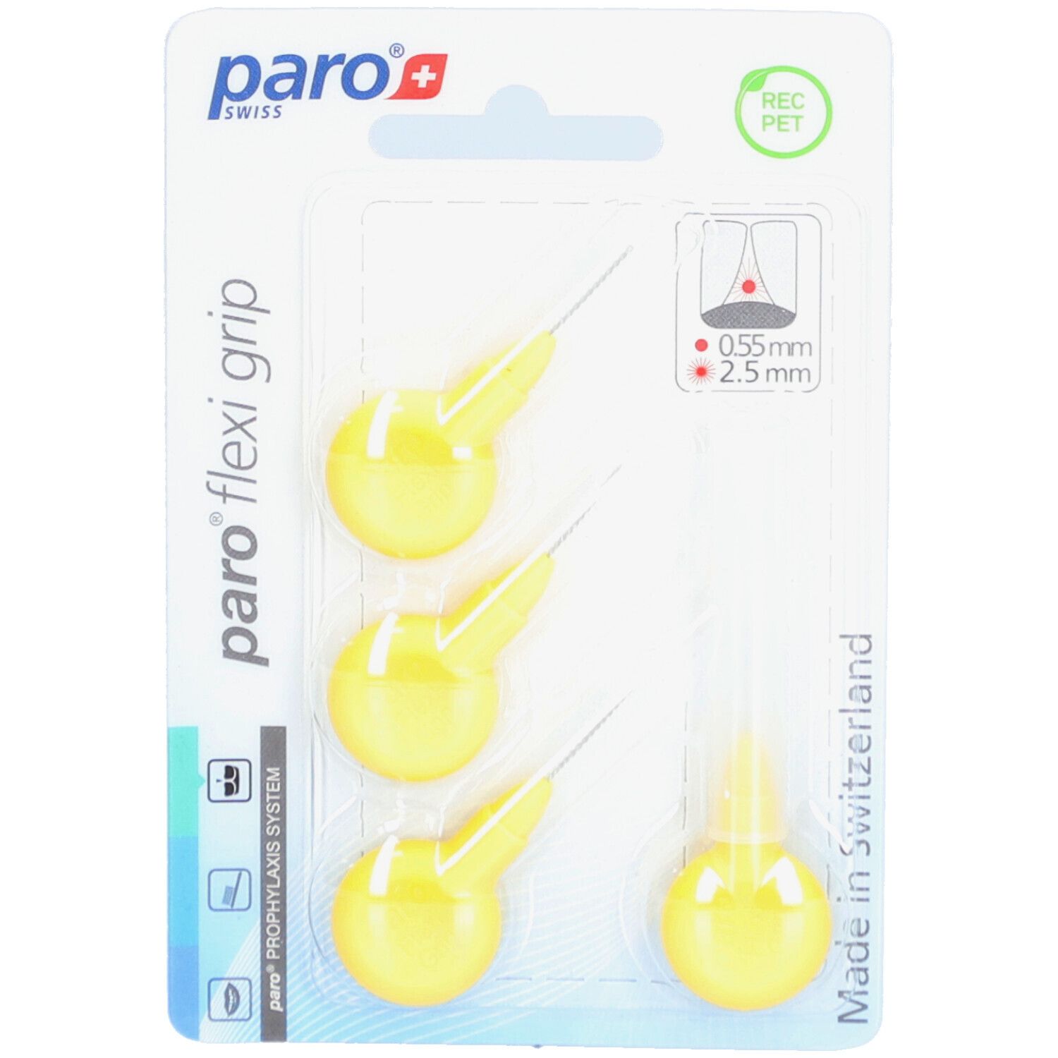 Emballage de brosses interdentaires jaunes. Visible : marque, taille 2,5 mm, label REC PET.