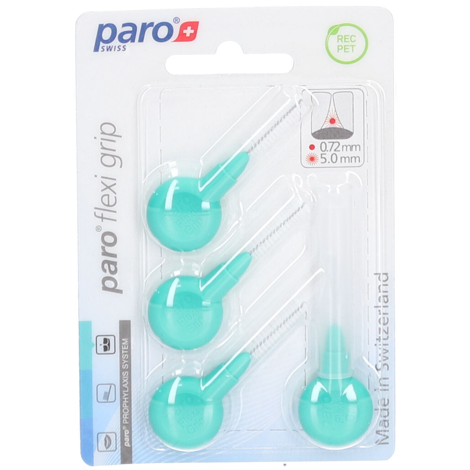 Emballage avec trois brosses interdentaires vertes et une brosse transparente. Logo "paro flexi grip".