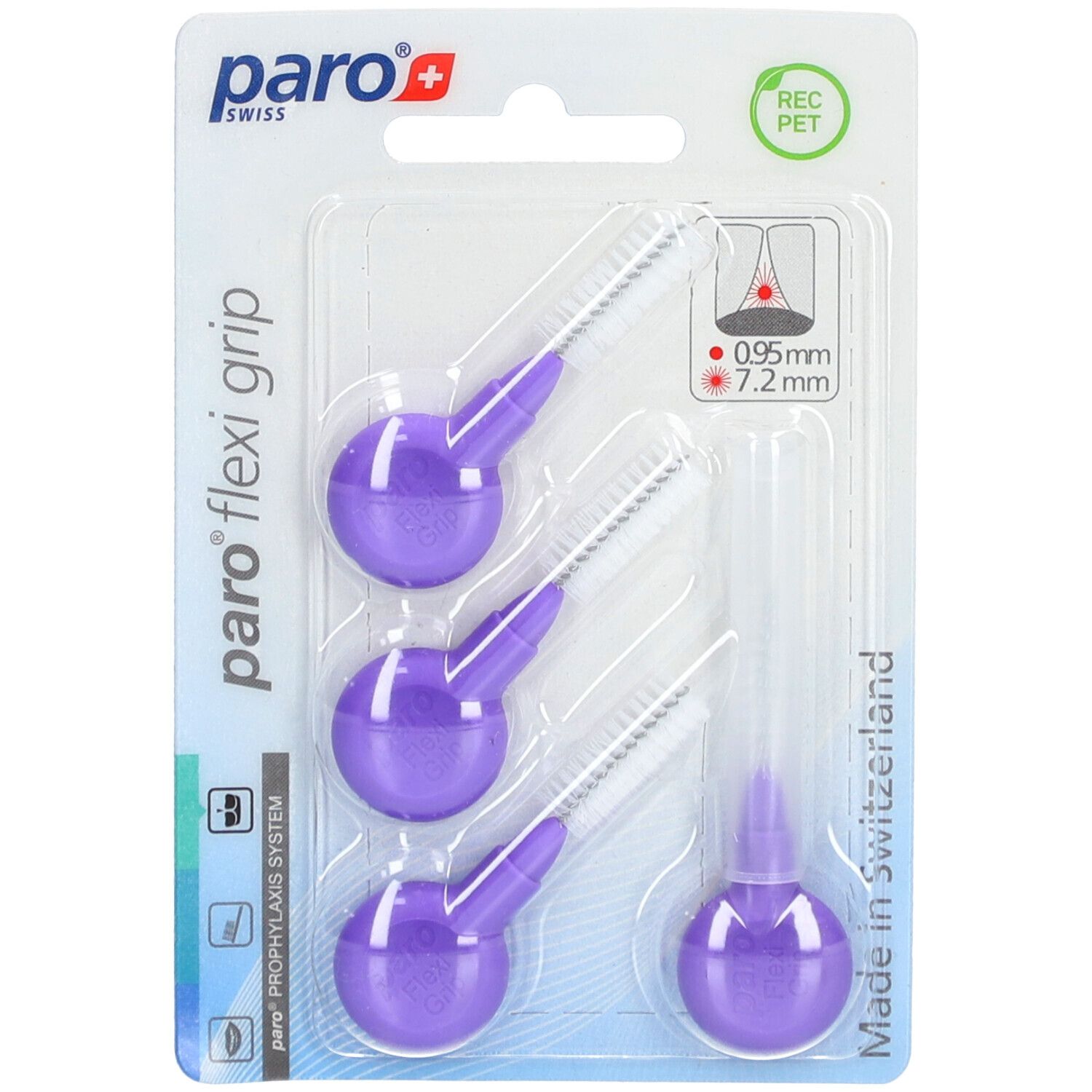 Blister paro® Flexi Grip Brossettes interdentaires. 3 brossettes violettes, 0,95 mm, 7,2 mm. REC PET.