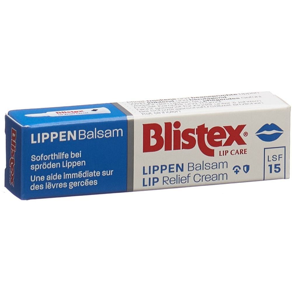 Emballage Blistex® LIPPEN Balsam. Boîte bleue et blanche avec nom du produit, logo et SPF 15. Texte en allemand et français.