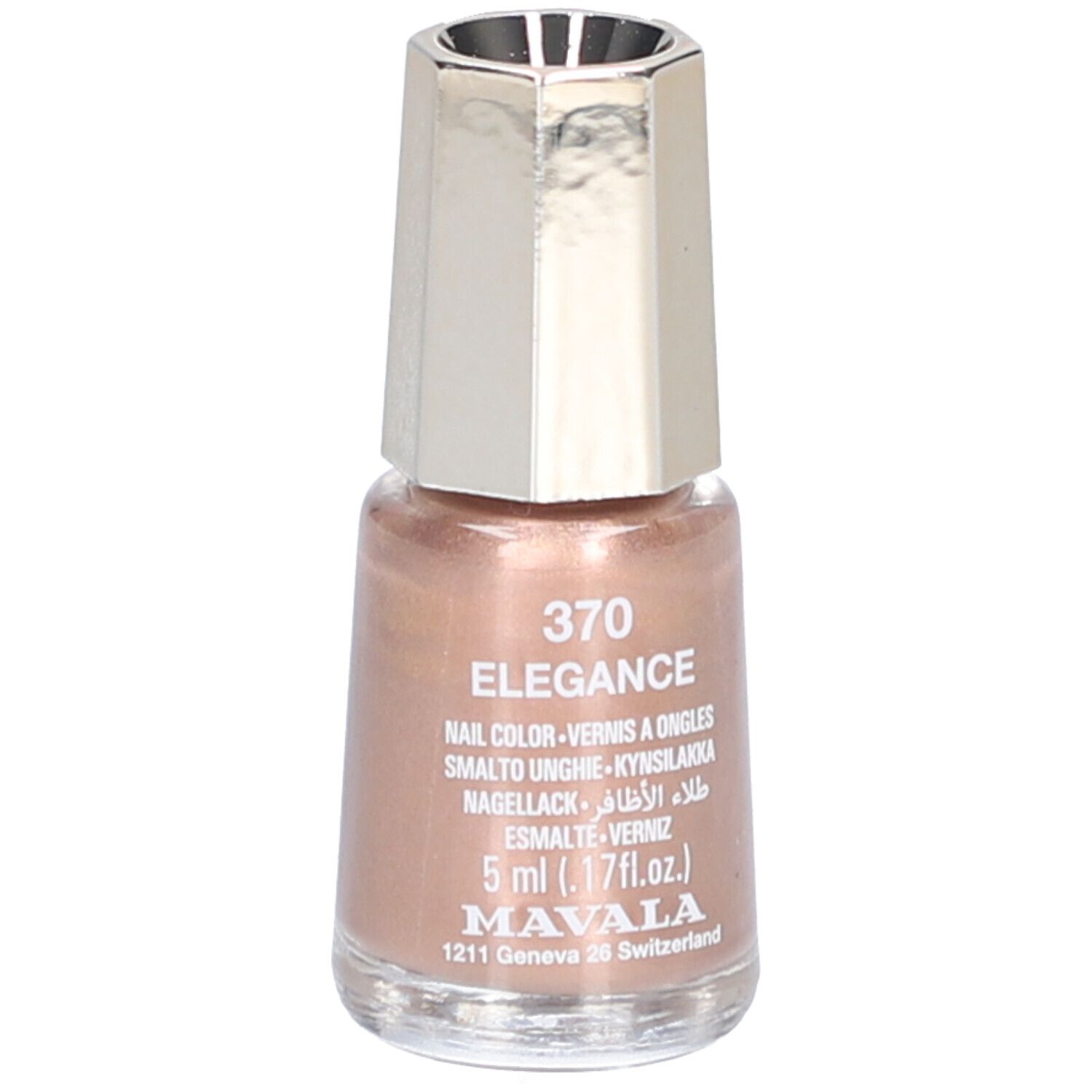 Flacon de vernis à ongles Mavala, couleur 370 Elegance, 5 ml, doré rosé scintillant.