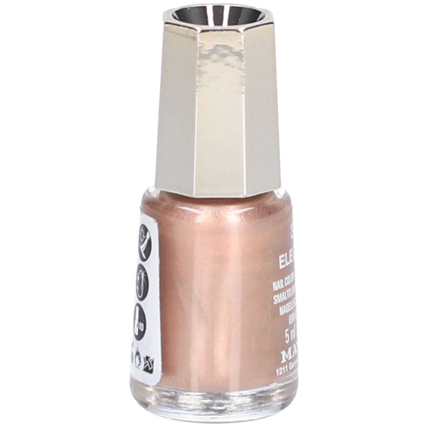 Flacon de vernis à ongles rose doré avec capuchon argenté. Contenu : 5 ml.
