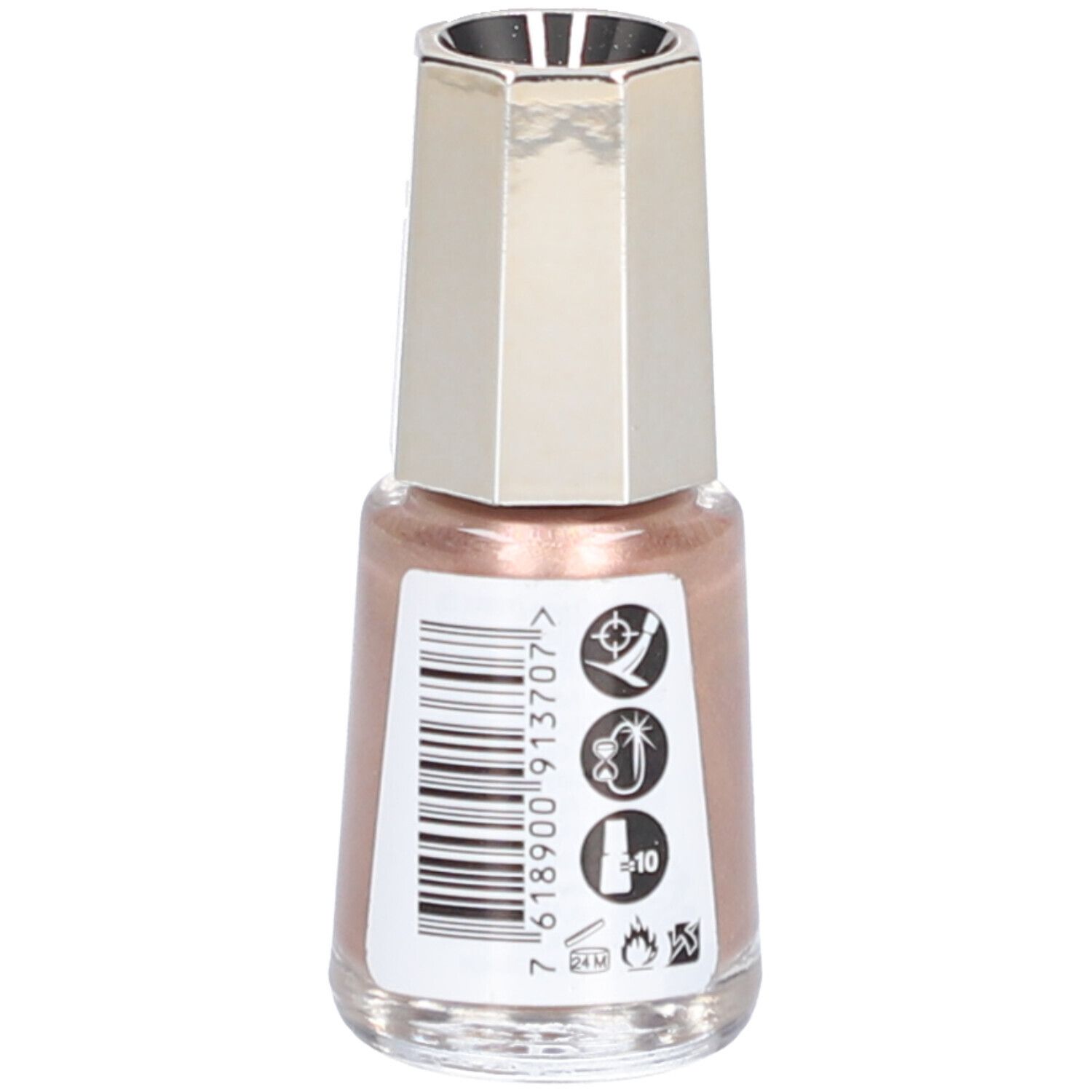 Bouteille de vernis à ongles rose doré avec un capuchon argenté hexagonal. Comprend des pictogrammes pour l'application et la durée de conservation.
