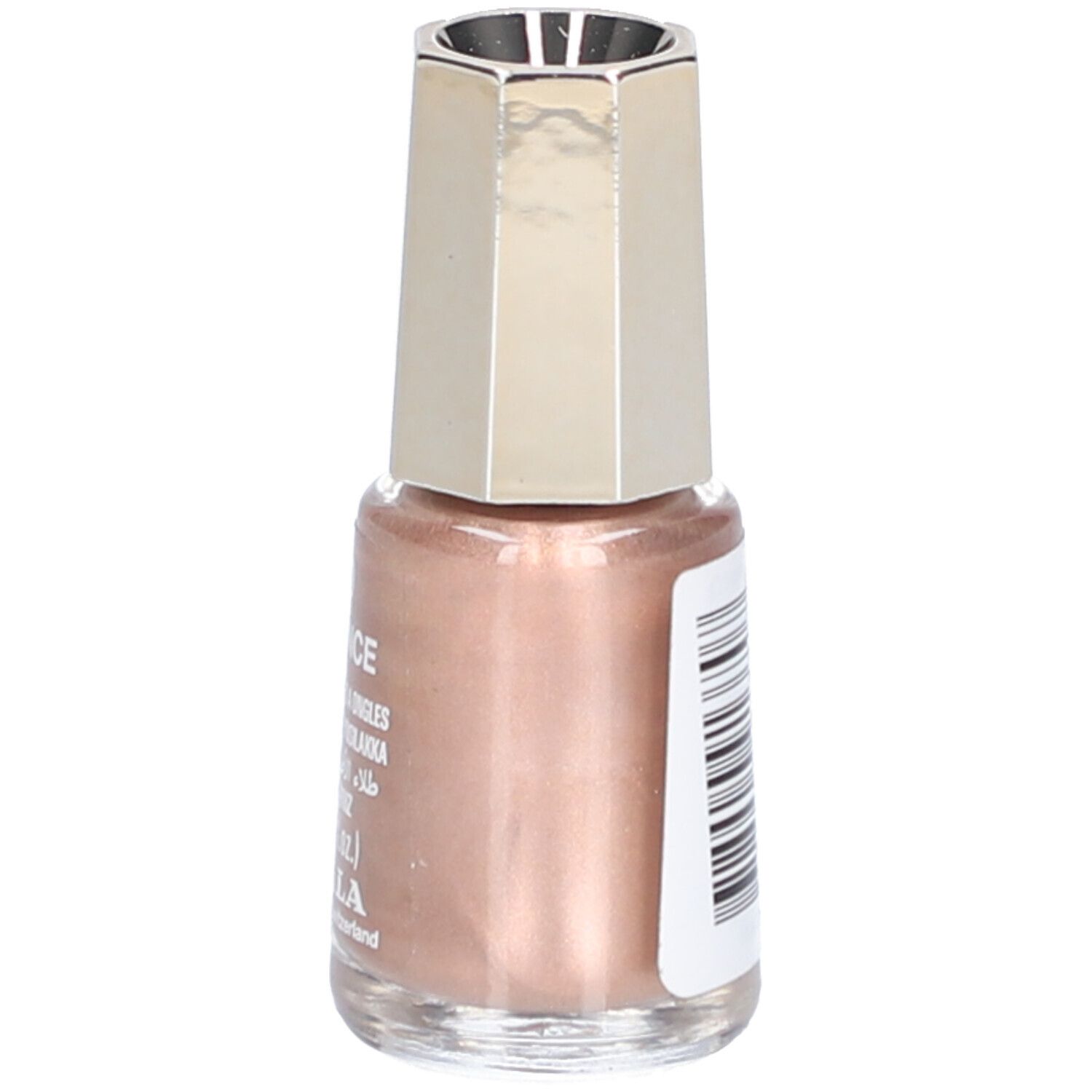Flacon de vernis à ongles avec laque rose et capuchon argenté.