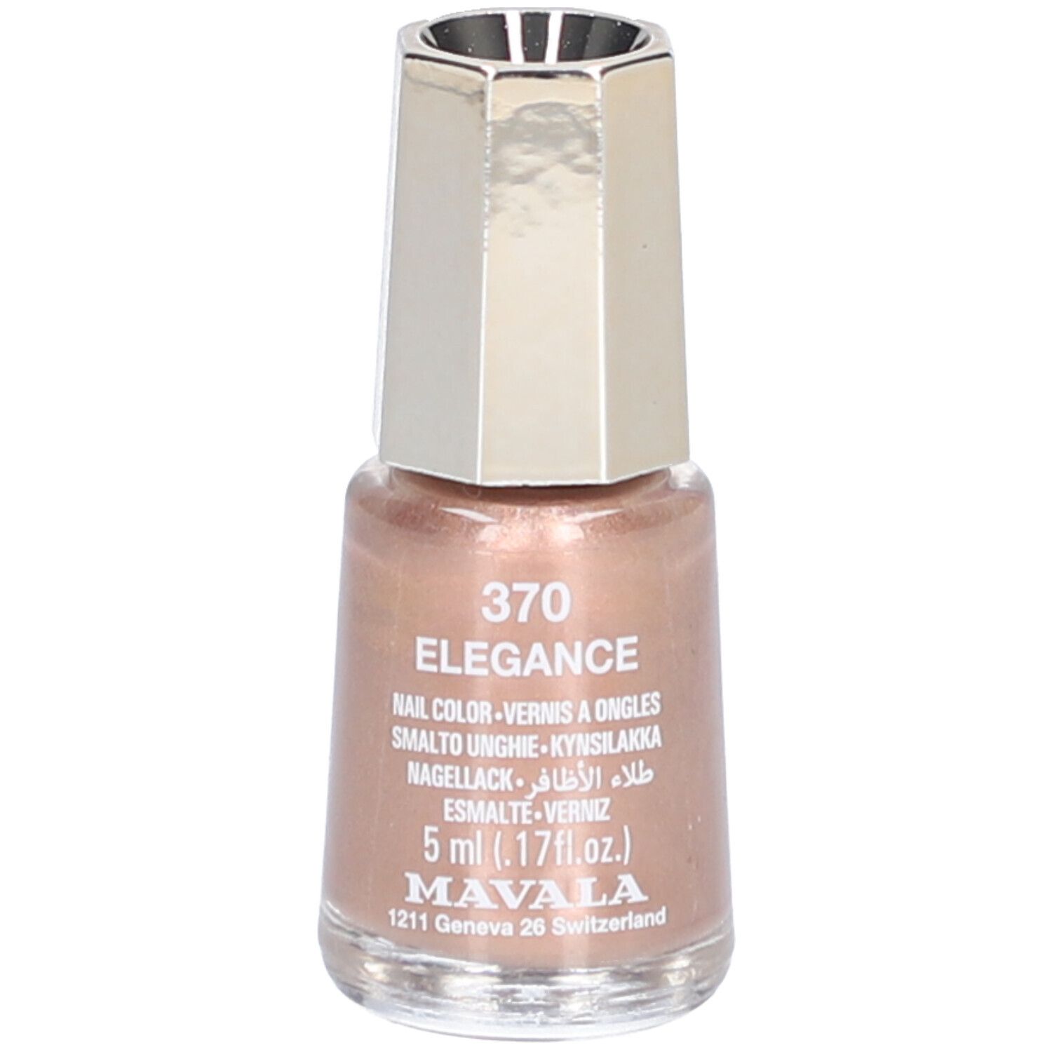 Flacon de vernis à ongles Mavala, couleur 370 Elegance, 5ml, doré rosé irisé.