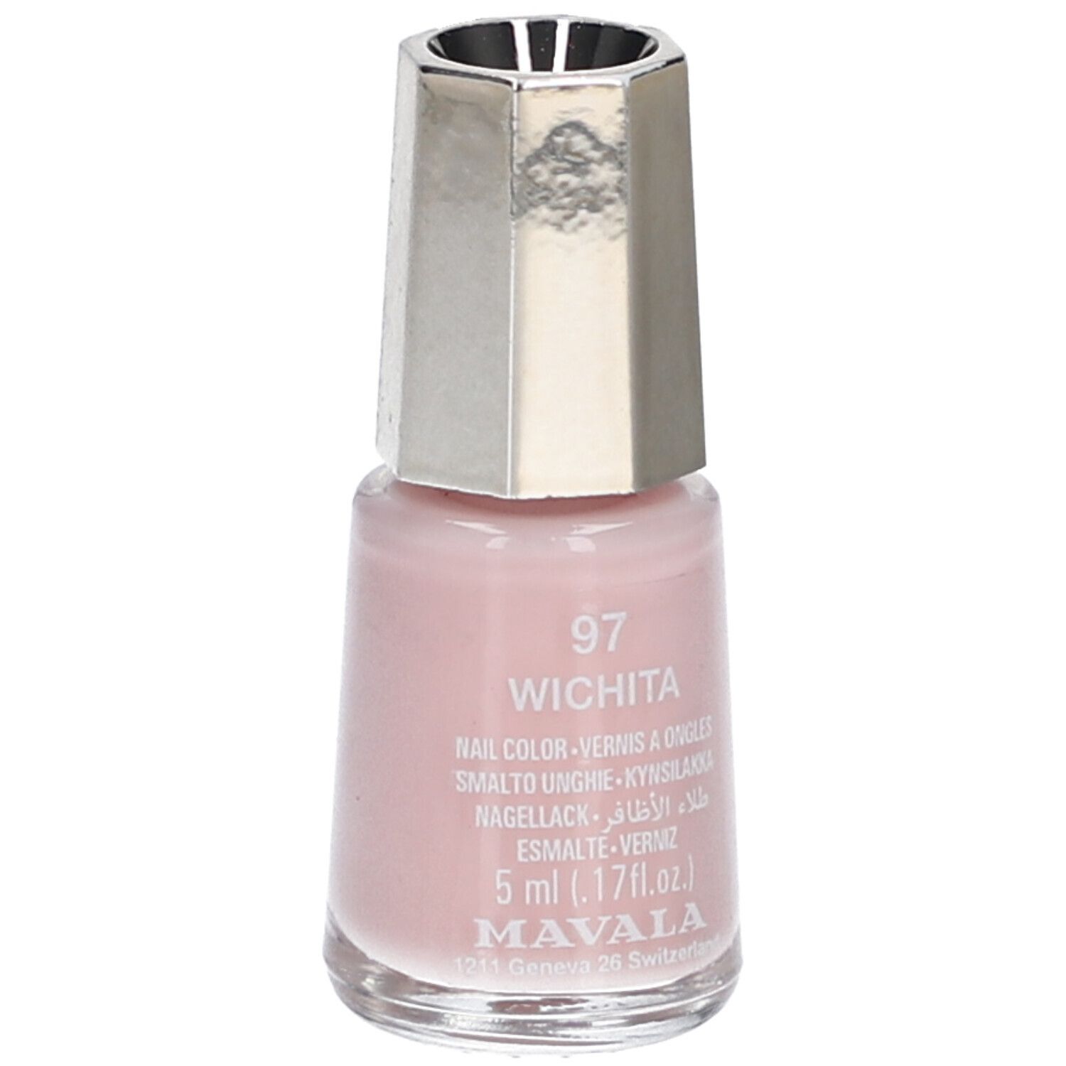 Flacon de vernis à ongles rose. Bouchon argenté. Inscription : 97 Wichita, Nail Color, 5 ml, Mavala.