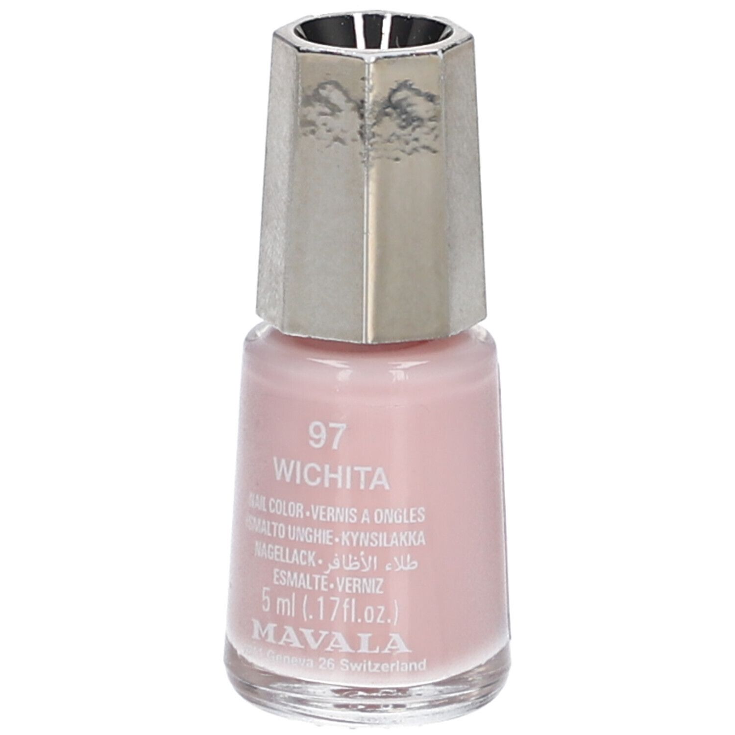 Flacon de vernis à ongles rose. Bouchon argenté. Inscription : 97 Wichita, Nail Color, 5 ml, Mavala.