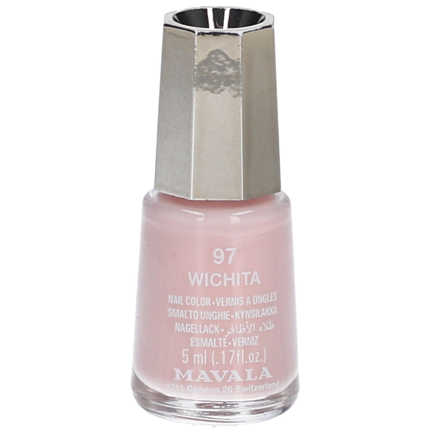 Flacon de vernis à ongles rose. Bouchon argenté. Inscription : 97 Wichita, Nail Color, 5 ml, Mavala.