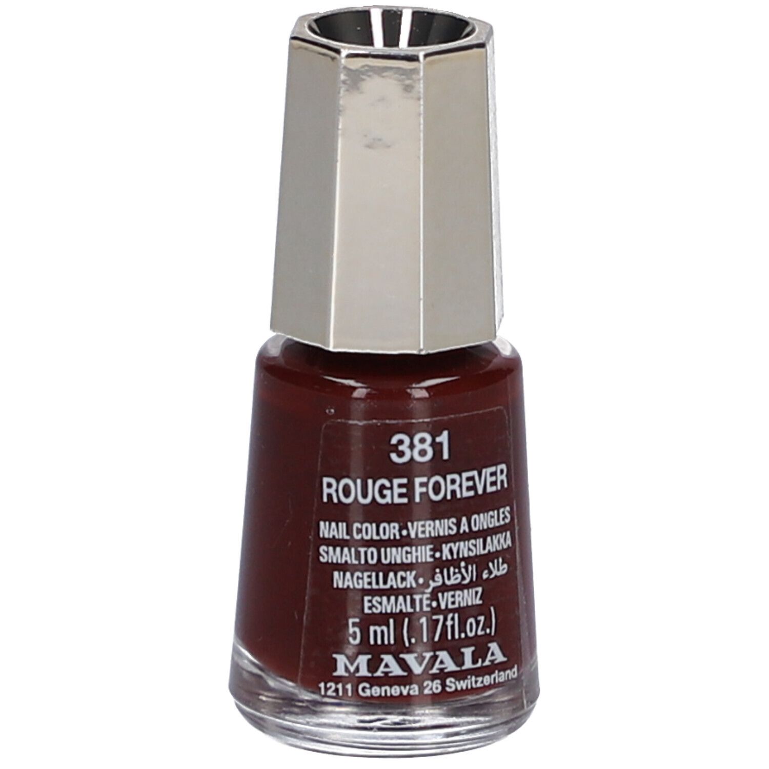 Flacon de vernis à ongles rouge-brun. Bouchon argenté. Inscription: 381 Rouge Forever, 5 ml, Mavala.
