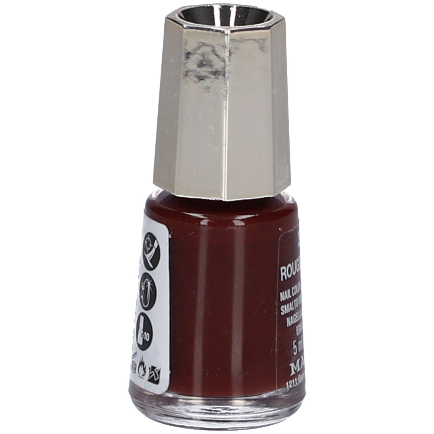Flacon de vernis à ongles rouge-brun. Bouchon argenté. Symboles et pictogrammes sur le côté.