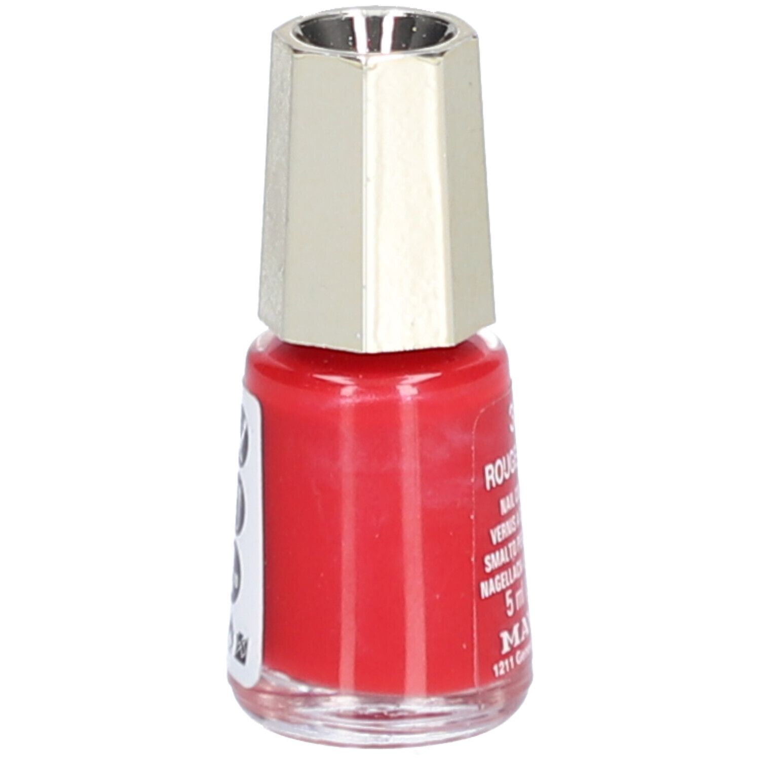 Flacon de vernis à ongles rouge avec bouchon argenté. Inscription: 382 Rouge Passion, Nail Color Cream, 5 ml.