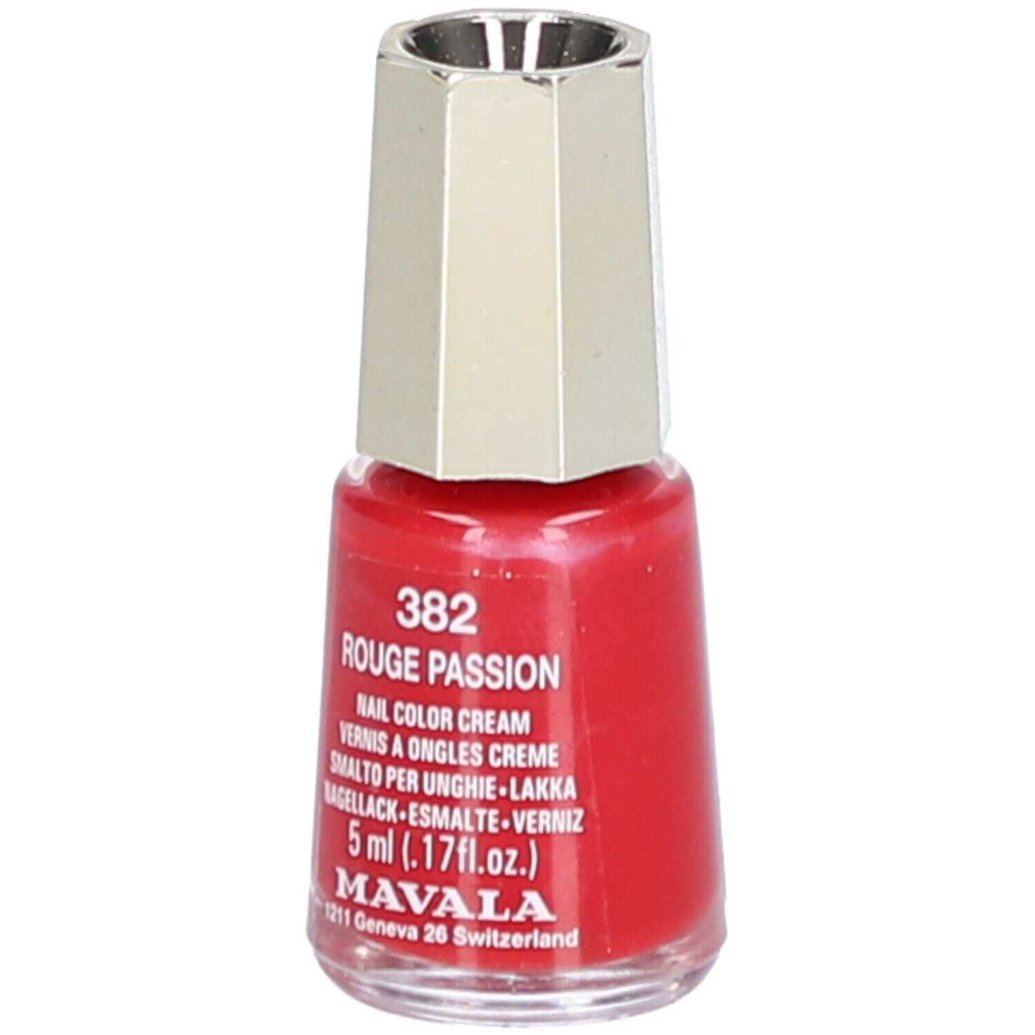 Flacon de vernis à ongles rouge avec bouchon argenté. Inscription: 382 Rouge Passion, Nail Color Cream, 5 ml.