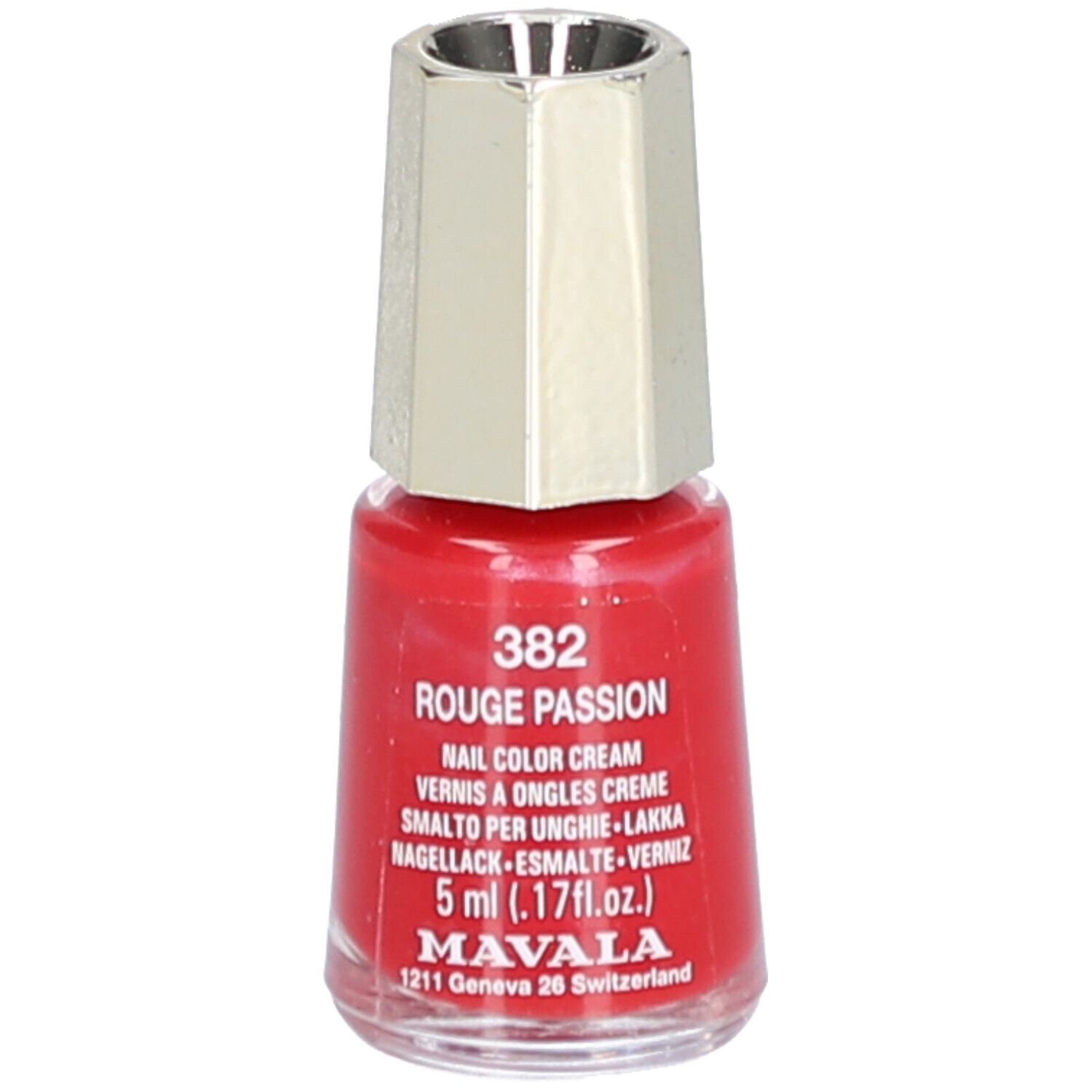 Flacon de vernis à ongles rouge avec bouchon argenté. Inscription: 382 Rouge Passion, Nail Color Cream, 5 ml.