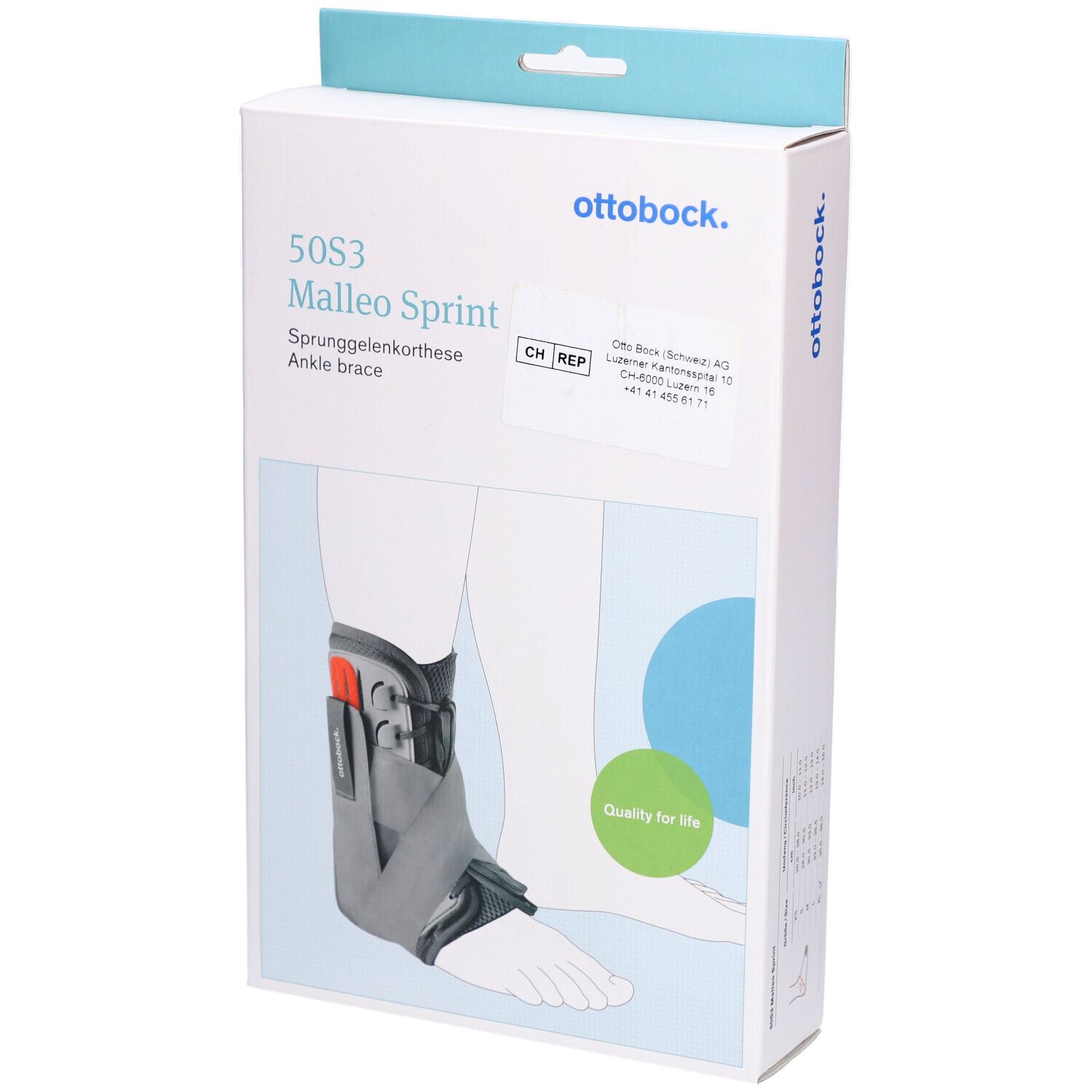 Orthèse de cheville Otto Bock Malleo Sprint en boîte. Orthèse grise et noire. Nom du produit et logo visibles.