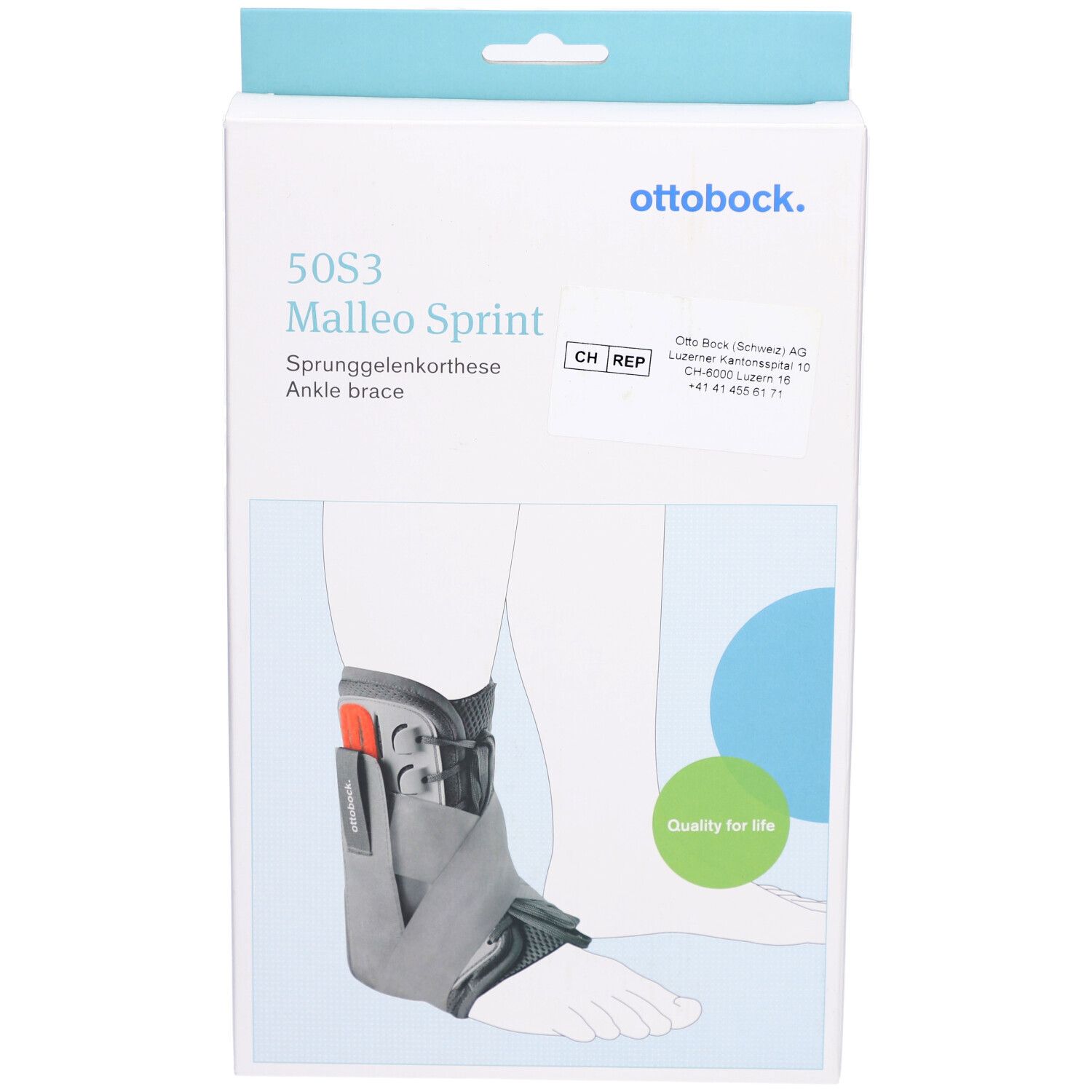 Orthèse de cheville Otto Bock Malleo Sprint en boîte. Orthèse grise et noire. Nom du produit et logo visibles.
