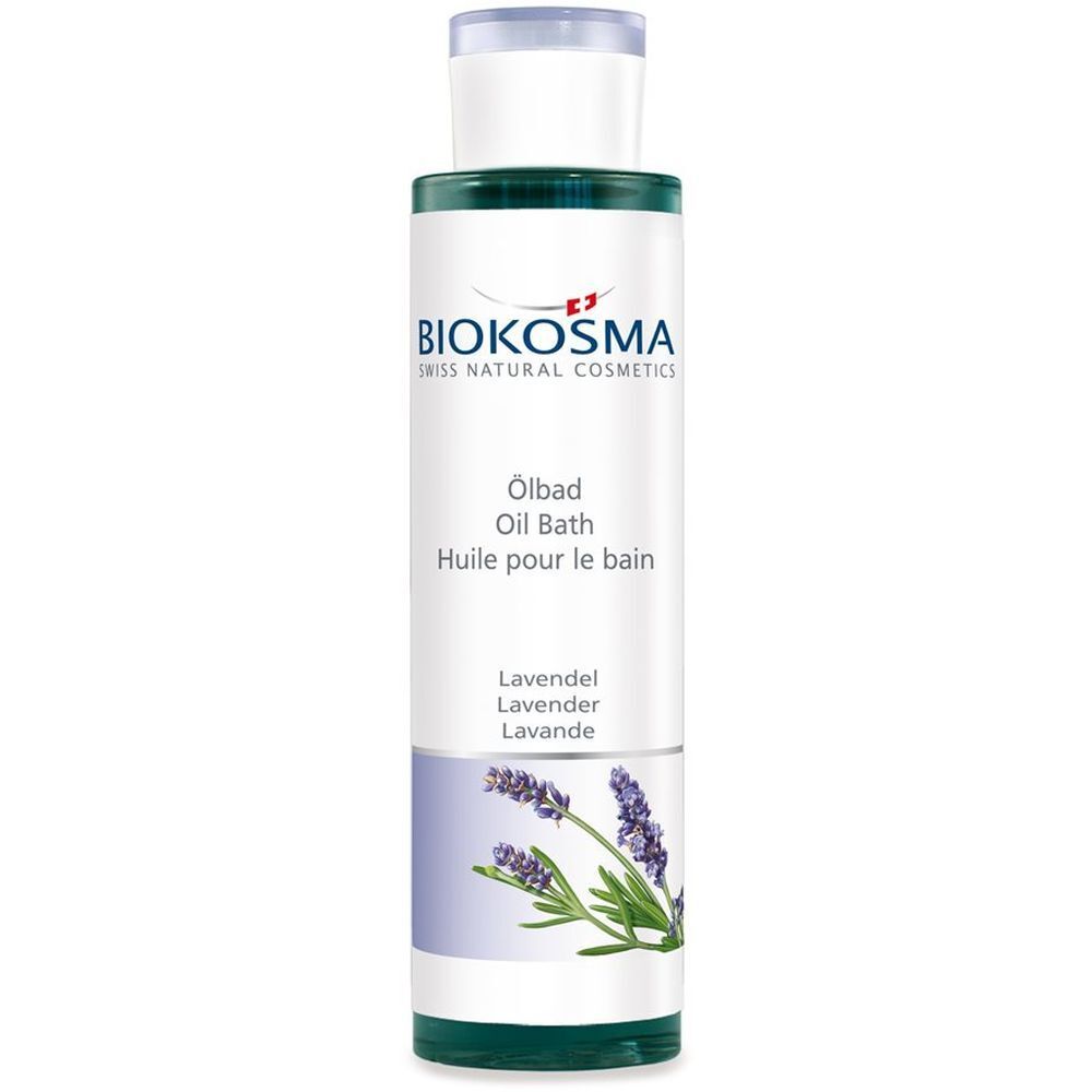 BIOKOSMA Huile pour le bain Lavande. Bouteille avec étiquette blanche, illustration de lavande violette. Texte: Huile pour le bain, Lavande.