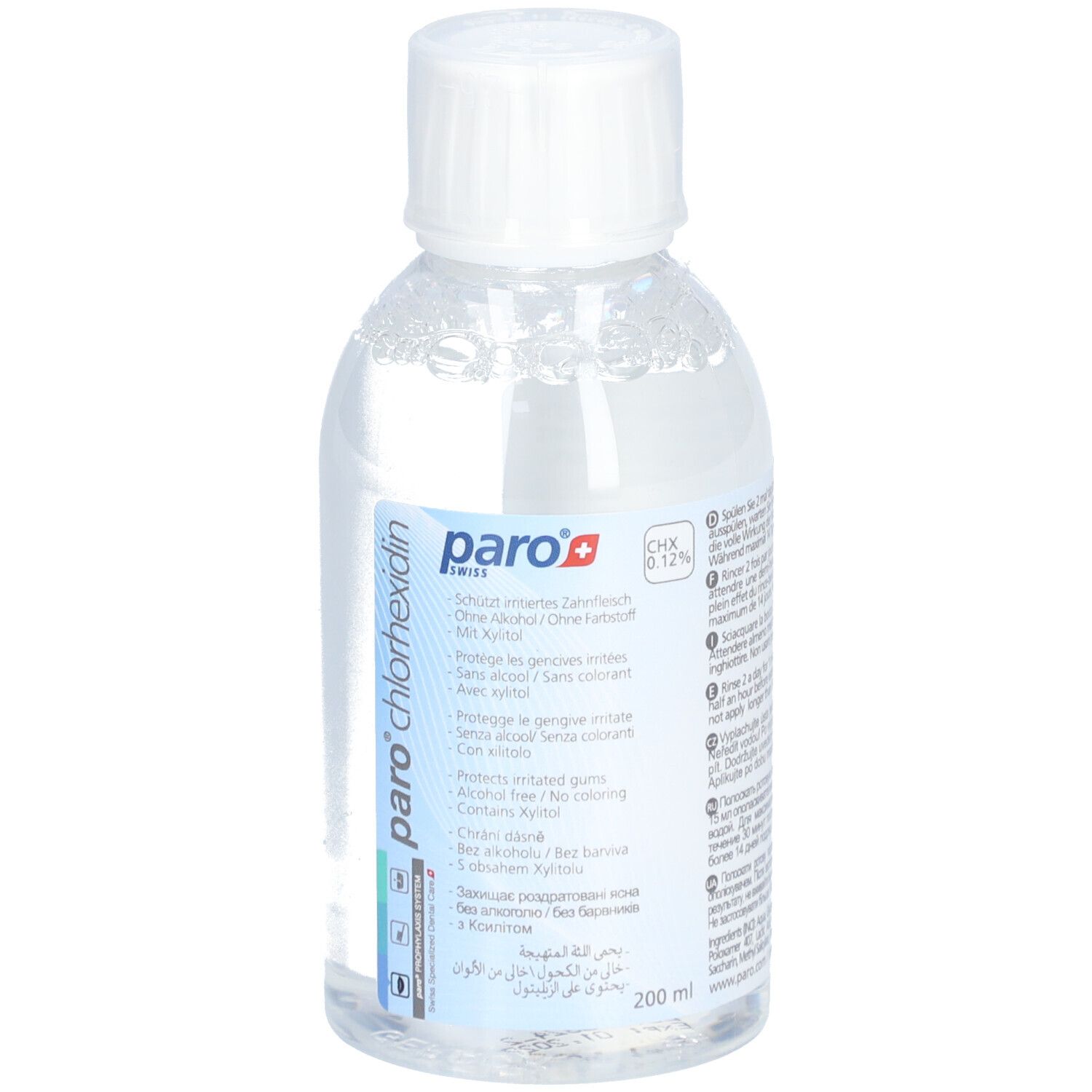 Liquide clair dans une bouteille avec bouchon blanc. Étiquette avec informations et logo du produit.