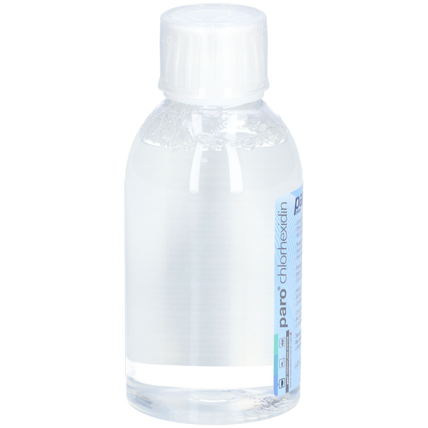 Liquide transparent dans une bouteille avec bouchon blanc. Étiquette avec nom du produit.