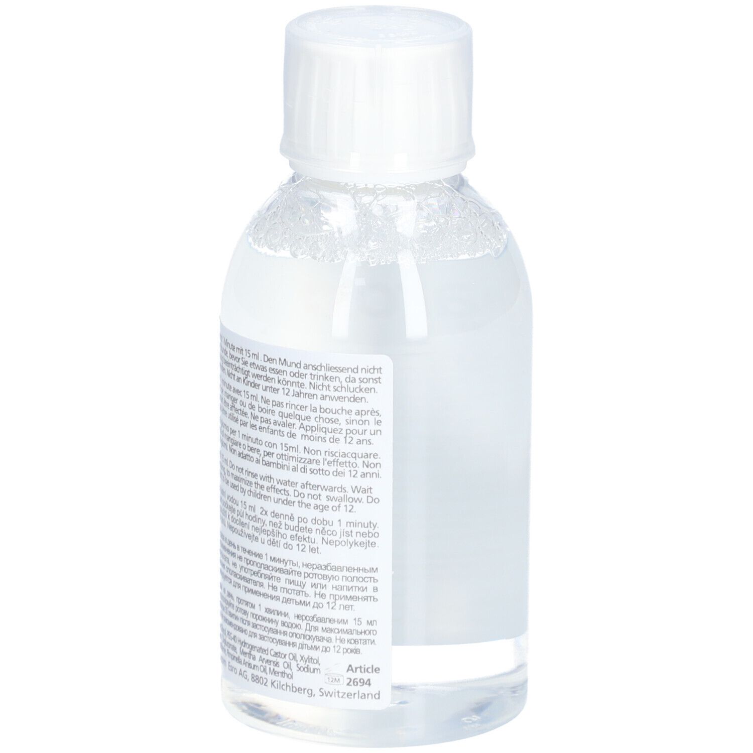 Bouteille avec bouchon blanc. Dos avec texte multilingue. Informations sur le produit.