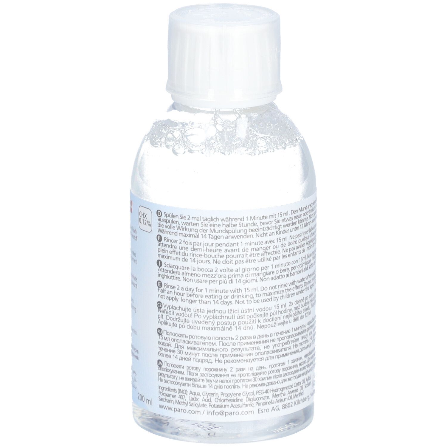 Bouteille avec bouchon blanc. Dos avec texte multilingue. Informations sur le produit.