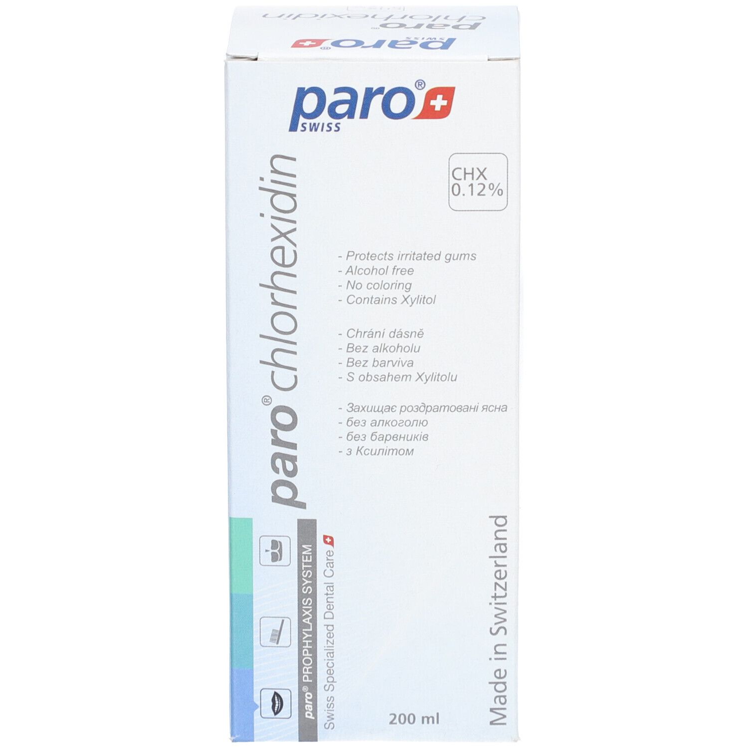 Emballage du produit. Blanc avec logo et informations. Texte multilingue.