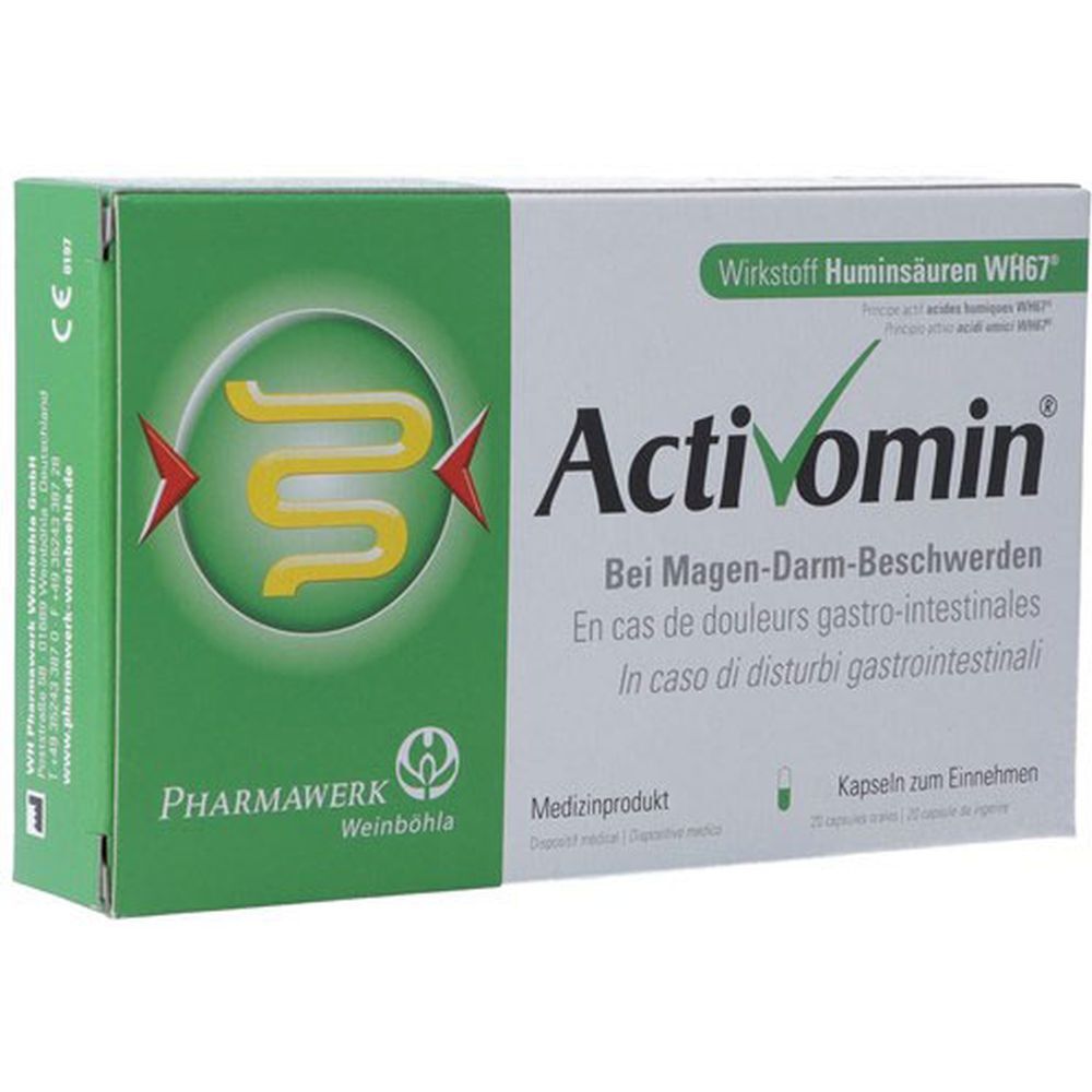 Boîte Activomin®. Vert et blanc, avec nom du produit, logo et texte en allemand, français et italien. Produit médical.