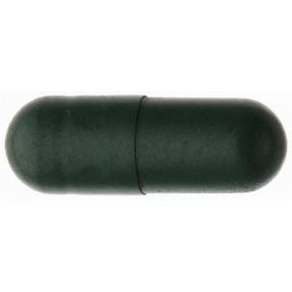 Gélule vert foncé. Forme cylindrique avec extrémités arrondies. Gélule unique, sans emballage.