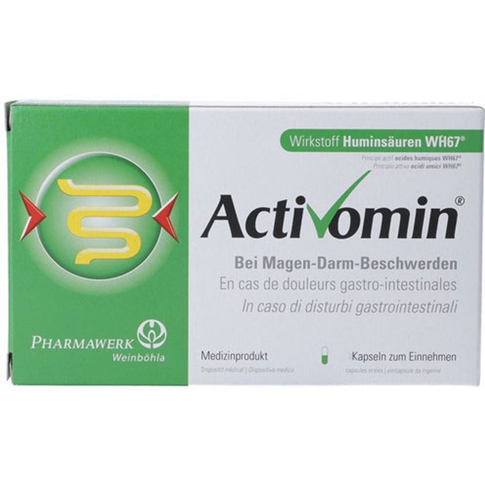 Boîte Activomin®, vert et blanc. Nom du produit et informations sur les troubles gastro-intestinaux. Pharmawerk Weinböhla.