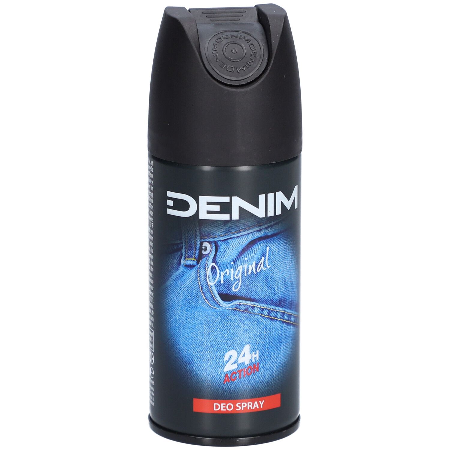 Denim Original Deo Spray avec bouchon noir et design jean. 24h Action.