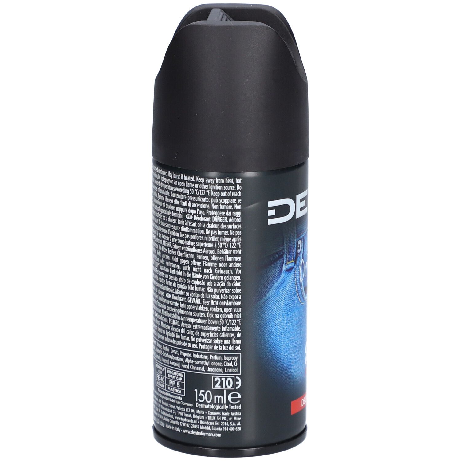 Dos de la bombe Denim Original Deo Spray avec ingrédients et indication 150ml.