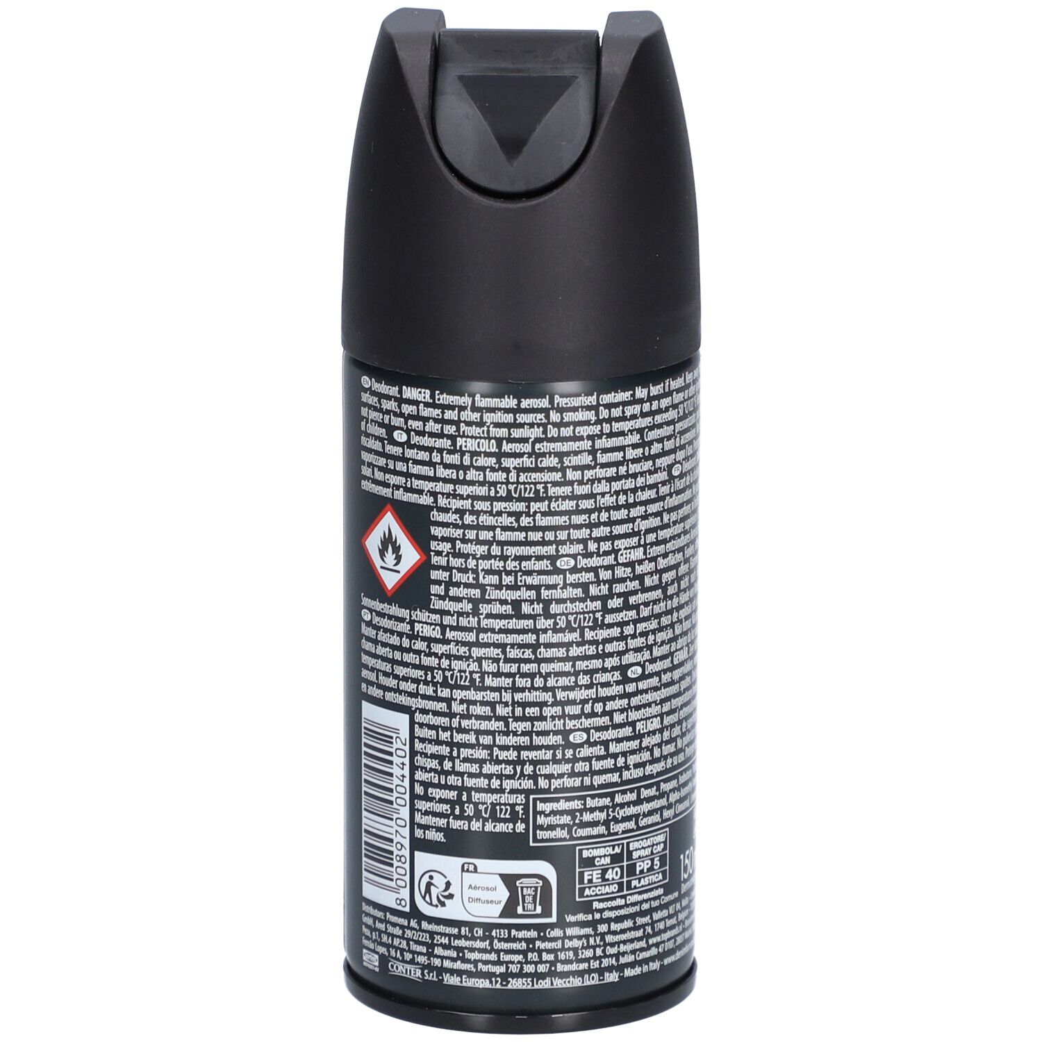 Côté de la bombe Denim Original Deo Spray avec symboles d'avertissement et code-barres.
