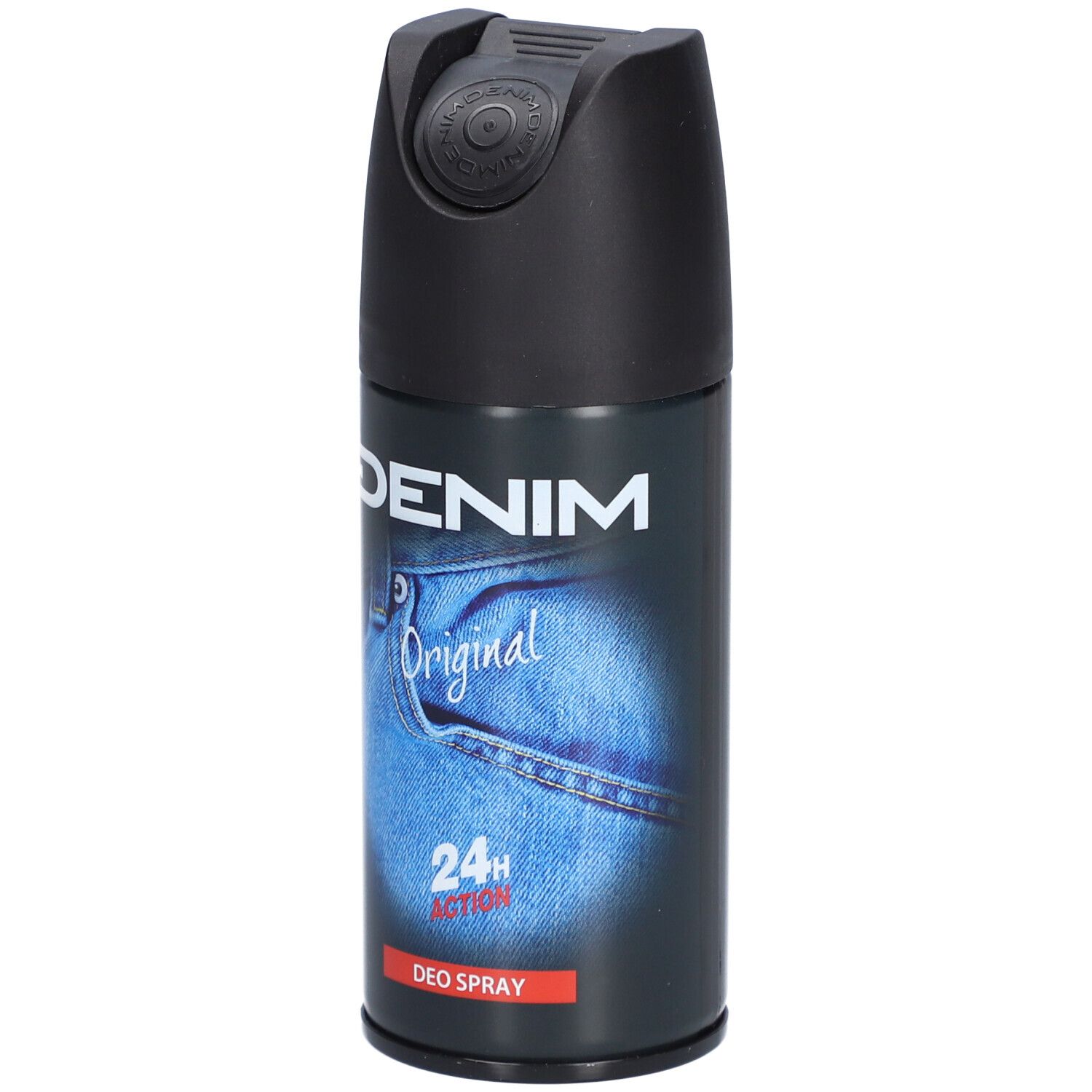 Denim Original Deo Spray avec bouchon noir et design jean. 24h Action.