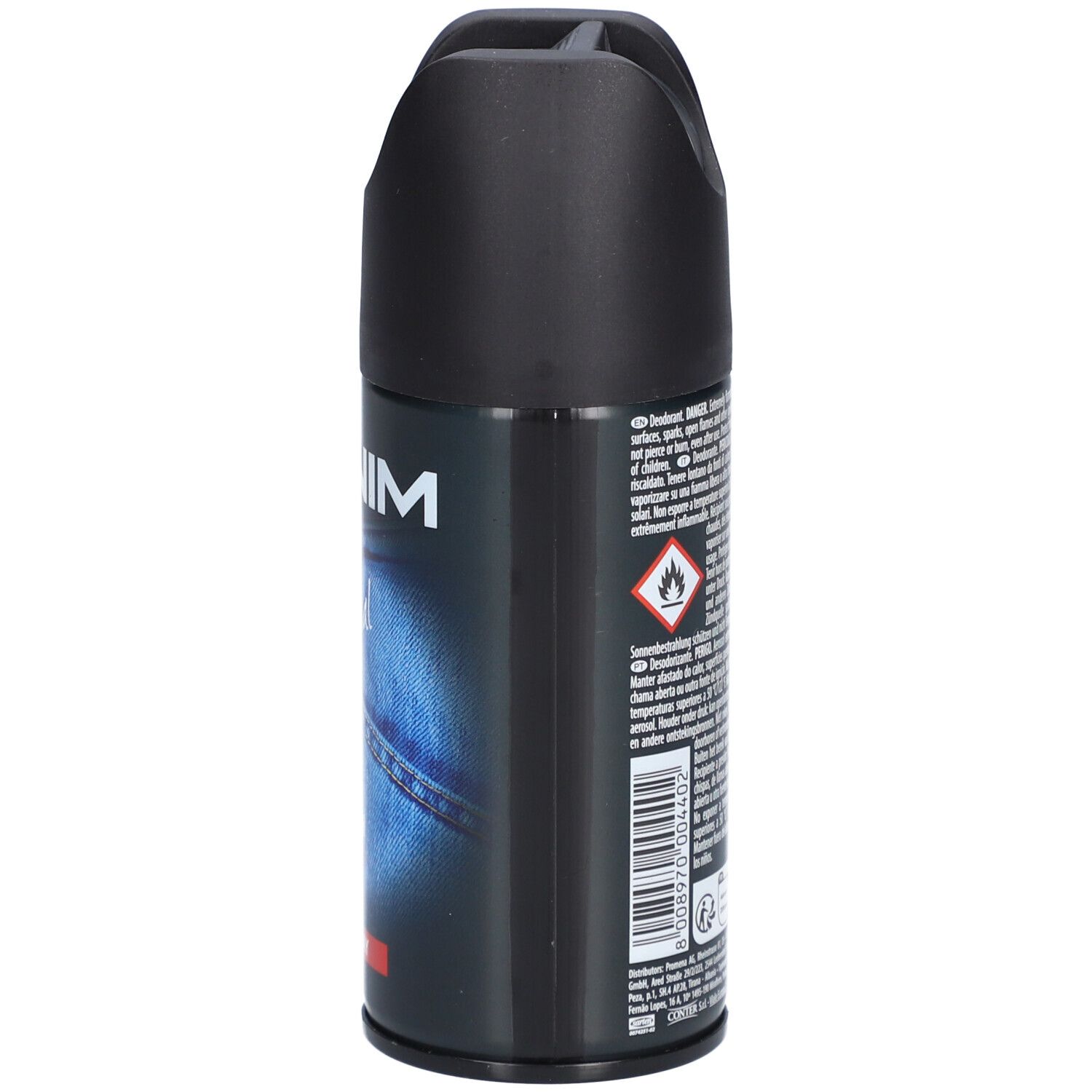 Côté de la bombe Denim Original Deo Spray avec symboles d'avertissement et code-barres.