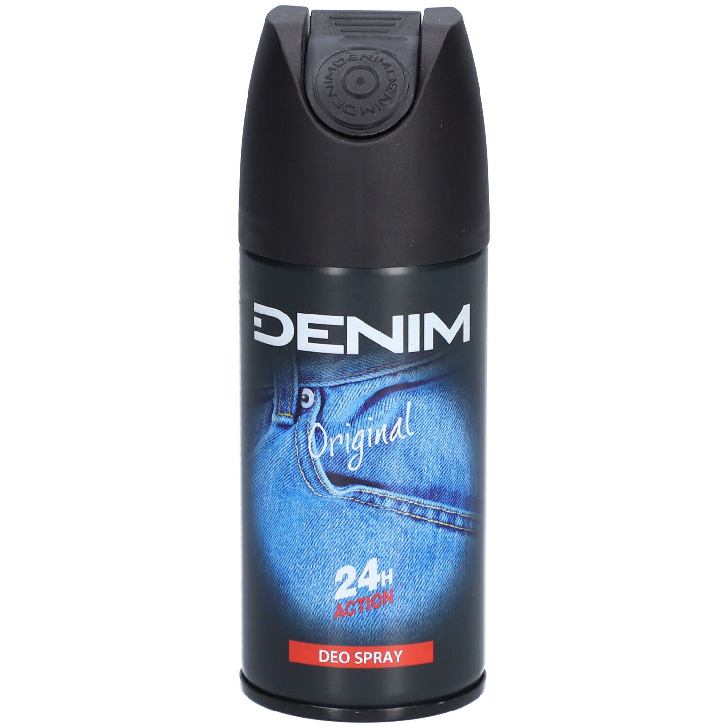 Denim Original Deo Spray avec bouchon noir et design jean. 24h Action.