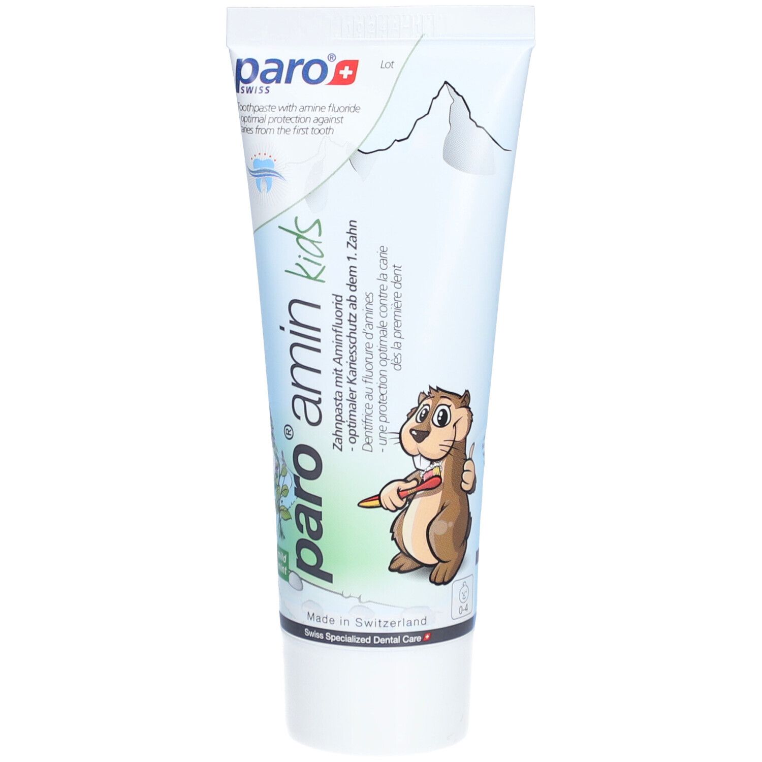 Tube de dentifrice avec logo et nom du produit. Illustration d'un écureuil. Texte : Amin Kinder Zahnpasta Menthe 0-6 Jahre. Fabriqué en Suisse.