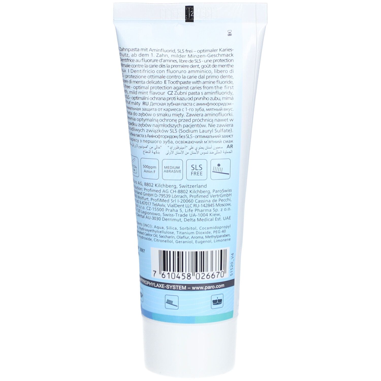 Dos du tube de dentifrice. Texte en plusieurs langues. Contient des informations sur les ingrédients et le fabricant. Sans SLS.