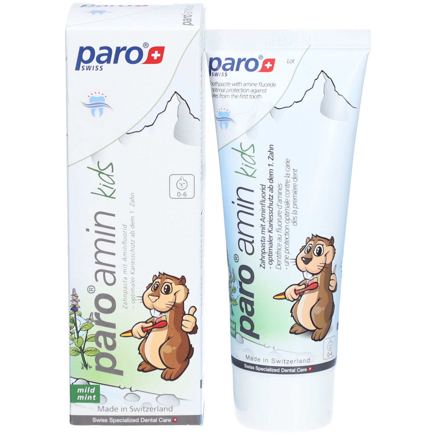 Tube de dentifrice et boîte. Logo et nom du produit. Illustration d'un écureuil. Texte : Amin Kinder Zahnpasta Menthe 0-6 Jahre. Fabriqué en Suisse.