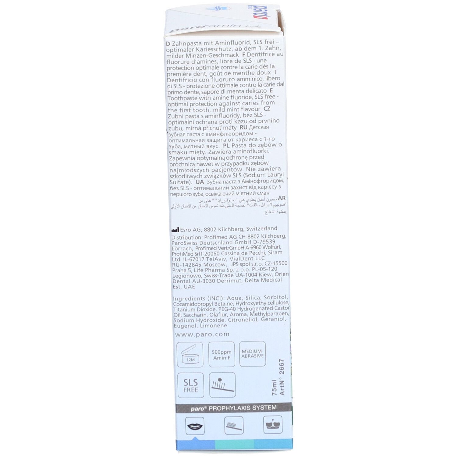 Dos de la boîte de dentifrice. Texte en plusieurs langues. Contient des informations sur les ingrédients et le fabricant. Sans SLS.