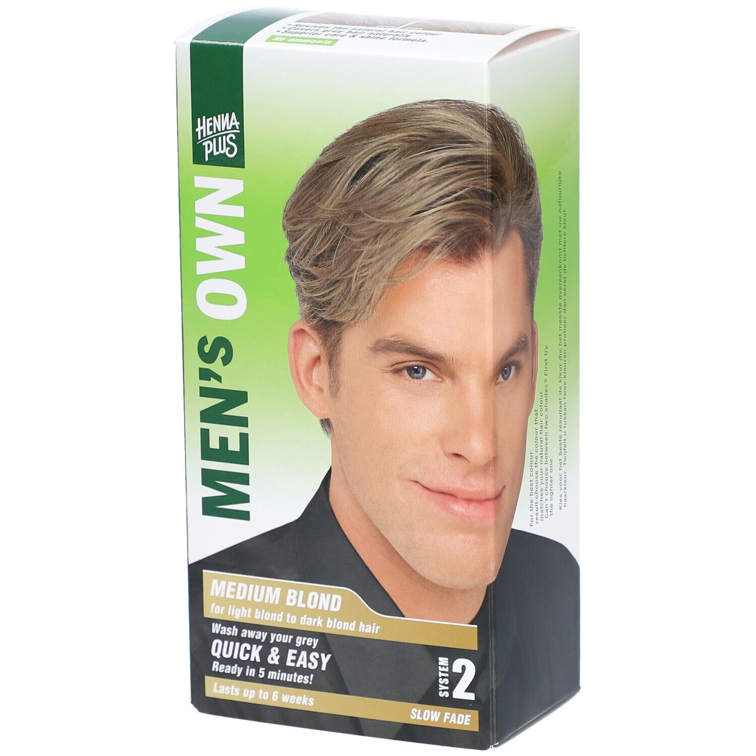 Boîte HENNA PLUS MEN'S OWN blond moyen. Image d'un homme blond. Texte: MEDIUM BLOND, Quick & Easy, Système 2.