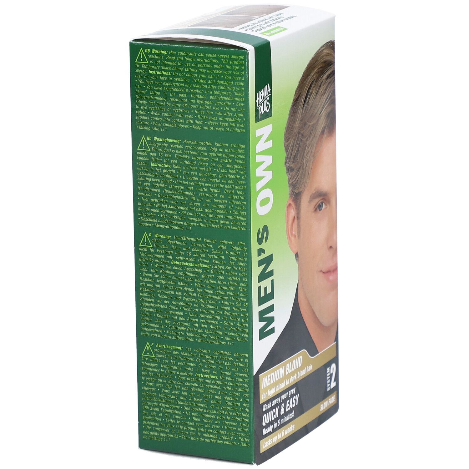 Boîte HENNA PLUS MEN'S OWN blond moyen. Dos avec texte et image d'un homme. Texte: MEDIUM BLOND, Quick & Easy, Système 2.