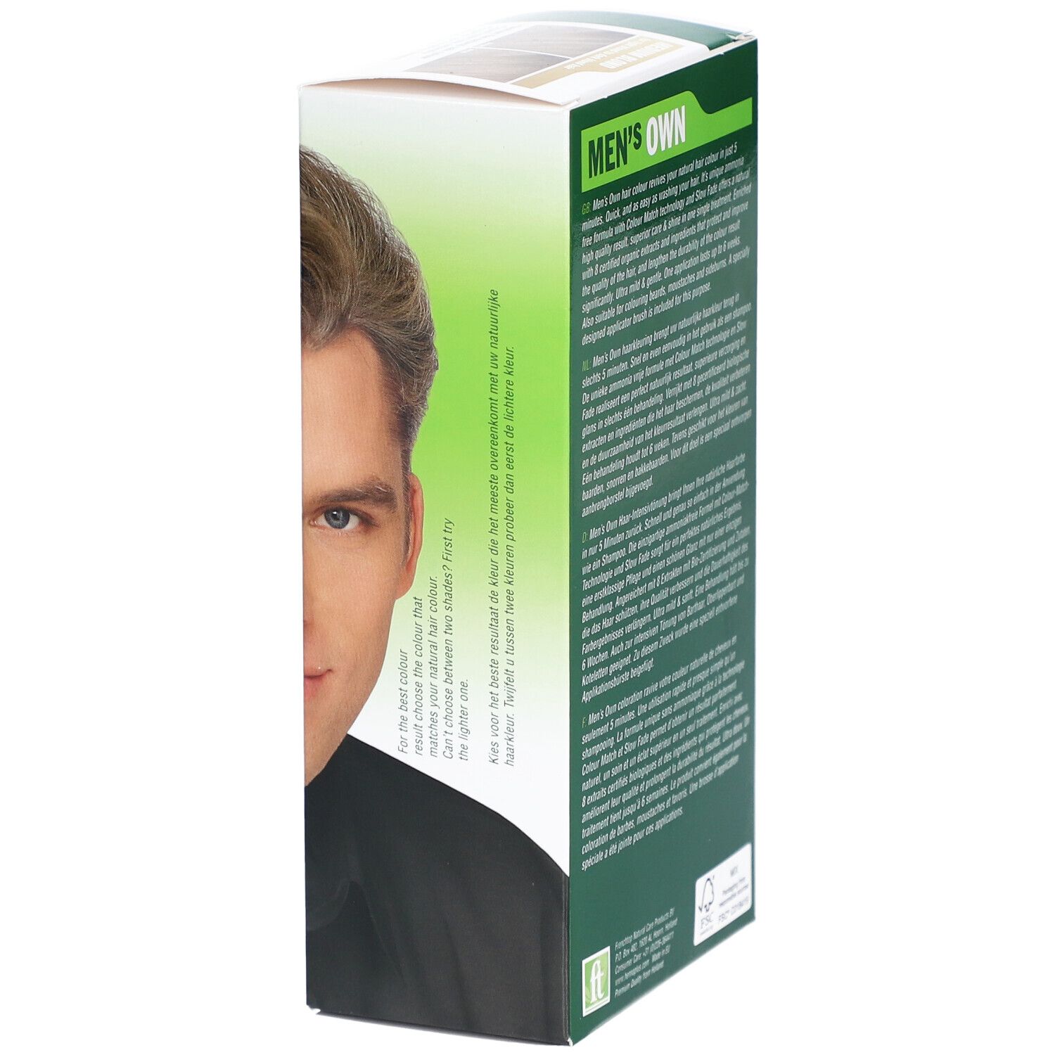 Boîte HENNA PLUS MEN'S OWN blond moyen. Côté avec texte et image d'un homme. Texte: MEN'S OWN, description.