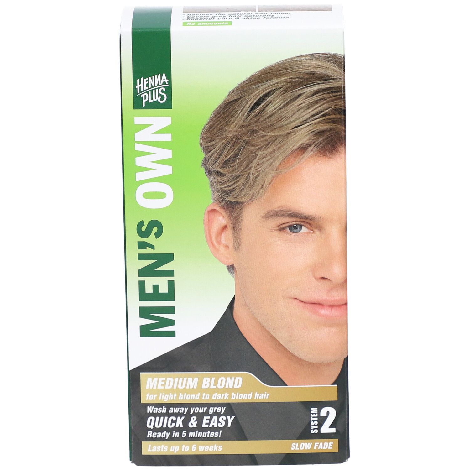 Boîte HENNA PLUS MEN'S OWN blond moyen. Image d'un homme blond. Texte: MEDIUM BLOND, Quick & Easy, Système 2.